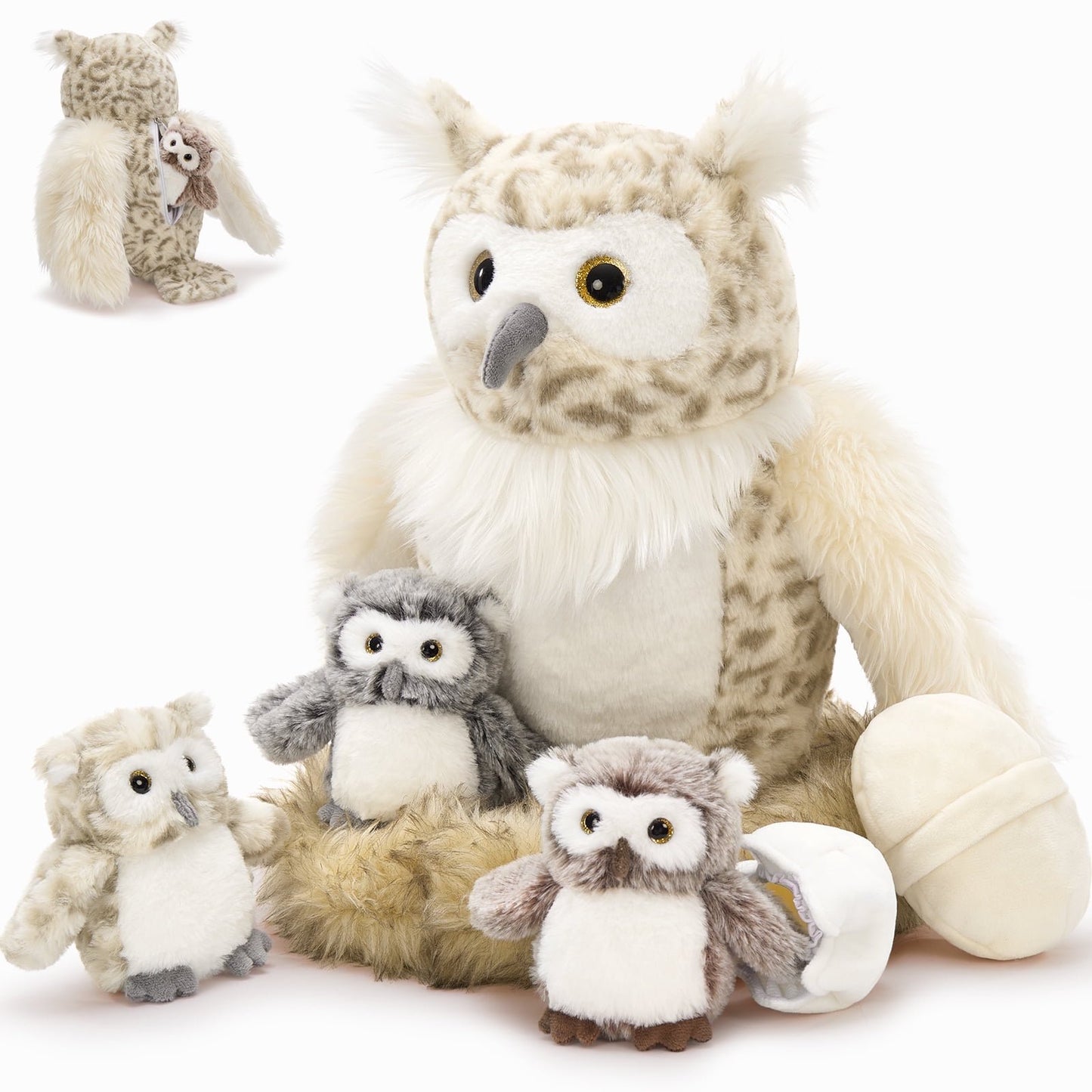 MorisMos 7Pcs Owl Stuffed Animals with 3 Plush Babies, 2 Eggs, 1 Nest Set Toy