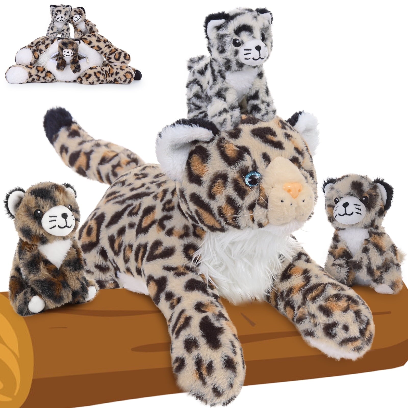 MorisMos 18" Cheetah Stuffed Animals Mommy Leopard Plush Toy with 3 Baby Plush Toys