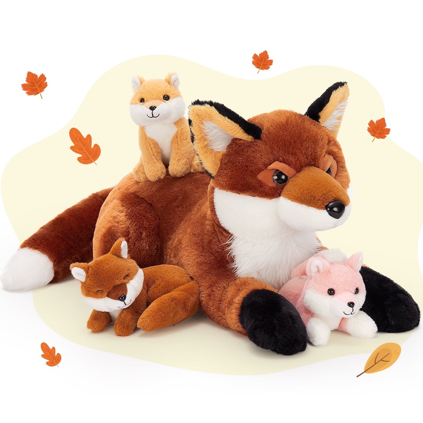 4Pcs Fox Stuffed Animal 22'' Fox Plush with 3 Babies in Her Zippered Tummy