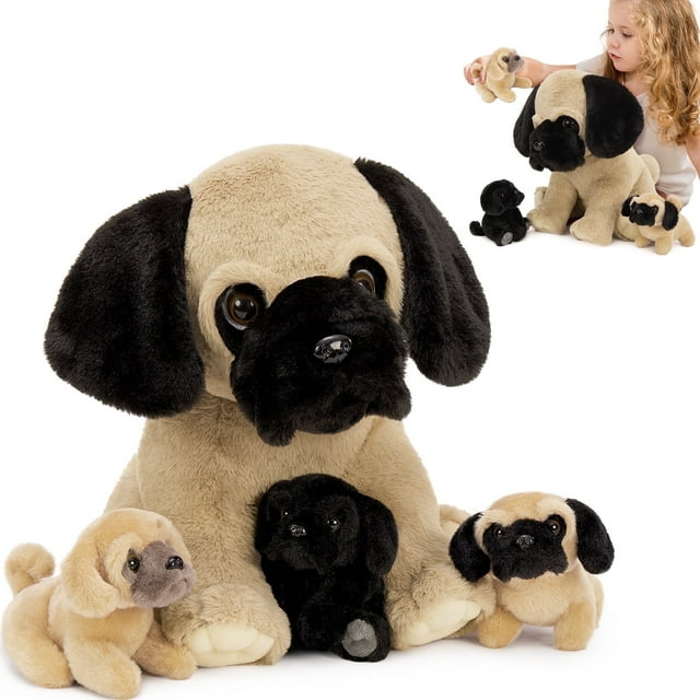 Muiteiur 4 Pcs Pug Dog Stuffed Animal 13.7'' Dog Plush with 3 Babies Puppy Plush Toy