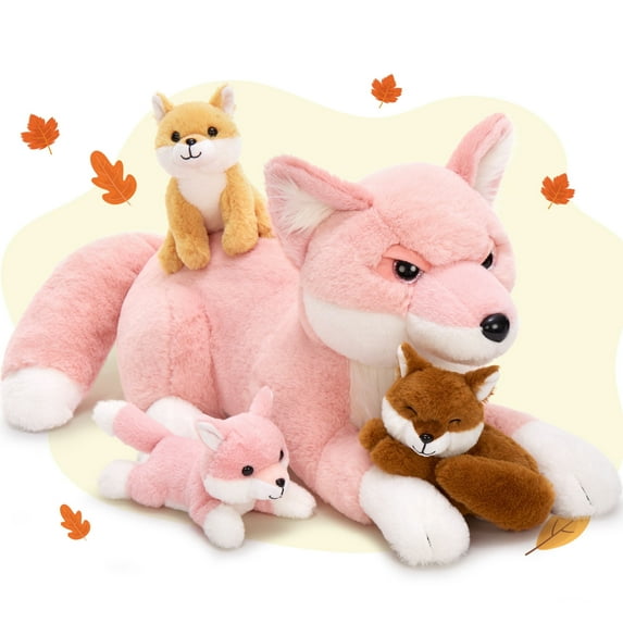 4Pcs Fox Stuffed Animal 22'' Fox Plush with 3 Babies in Her Zippered Tummy