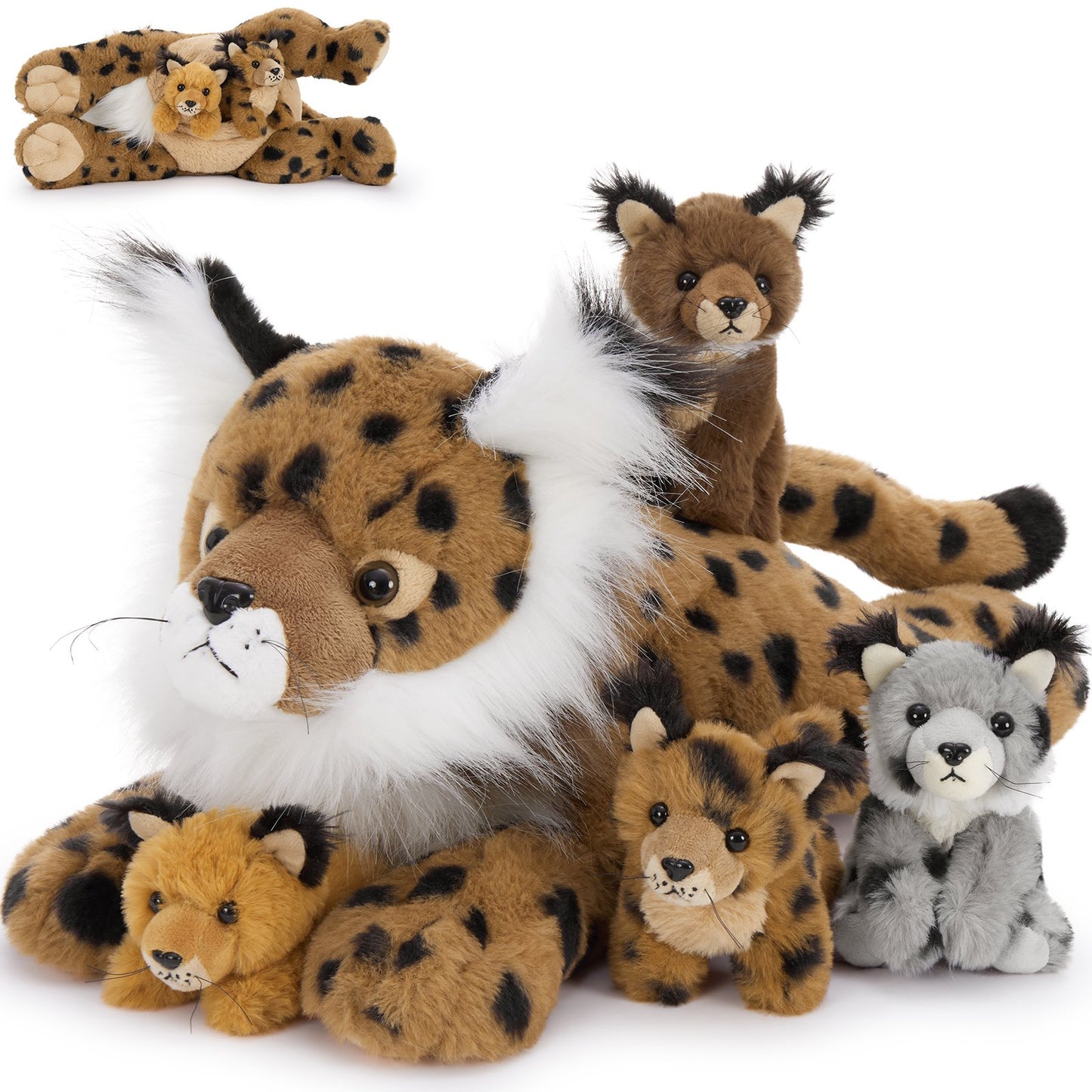 5 Pieces 17.7" Brown Lynx Stuffed Animals Set Plush Mommy Lynx with 4 Babies Plush Toy