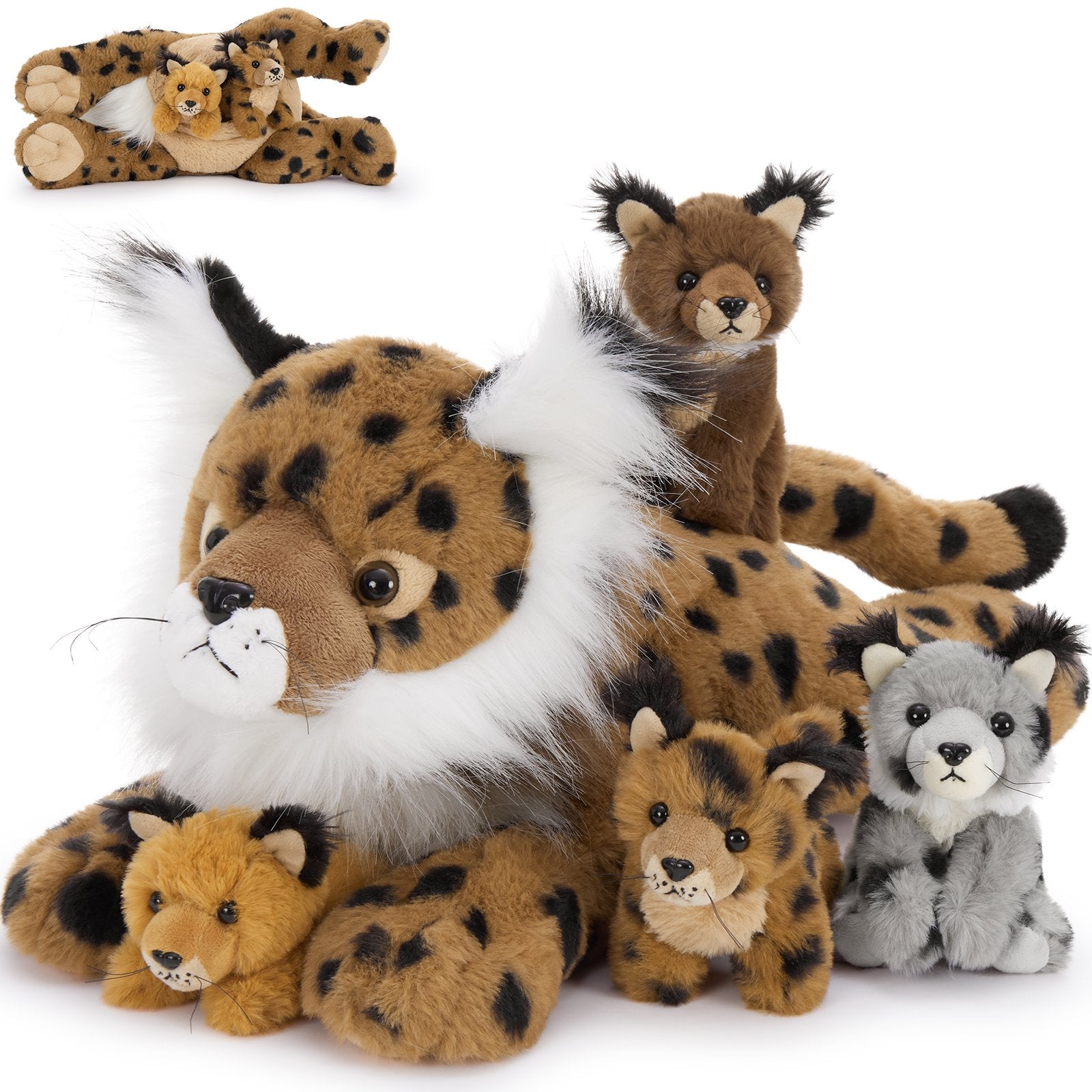 5 Pieces 17.7" Brown Lynx Stuffed Animals Set Plush Mommy Lynx with 4 Babies Plush Toy