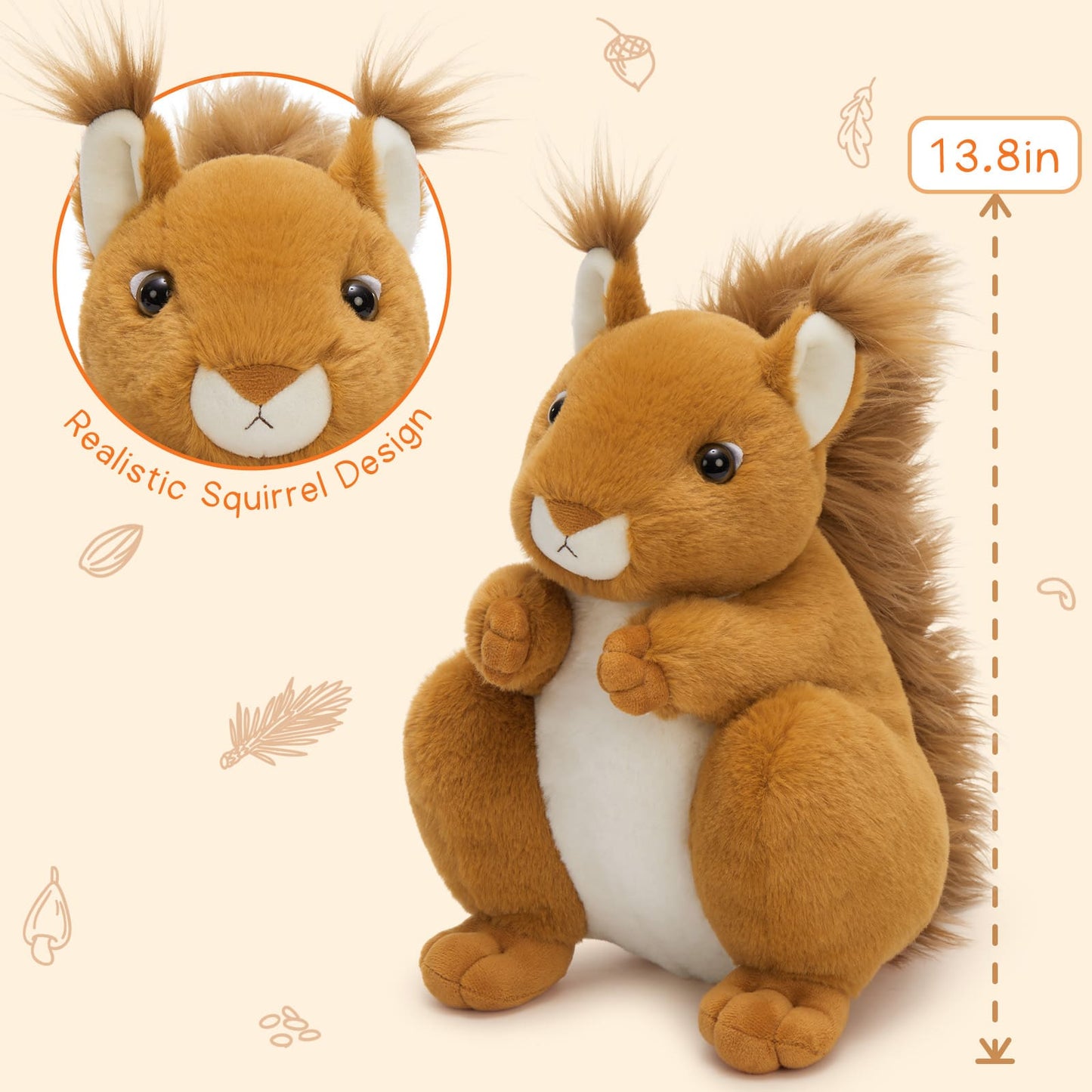 Golden Brown Squirrel Plush Toy with Fluffy Tail and Three Baby Squirrels - Realistic Soft Stuffed Animal for Kids and Collectors