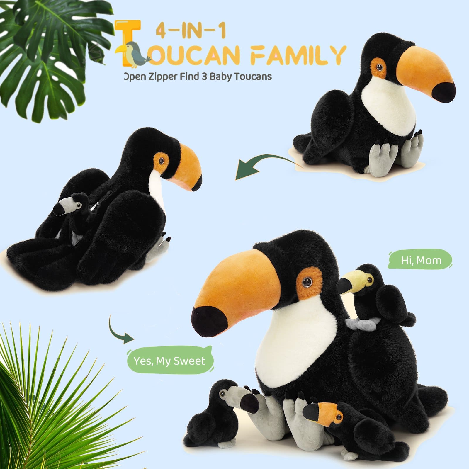 4 Pcs Toucan Stuffed Animals, Black, 23.6 Inches