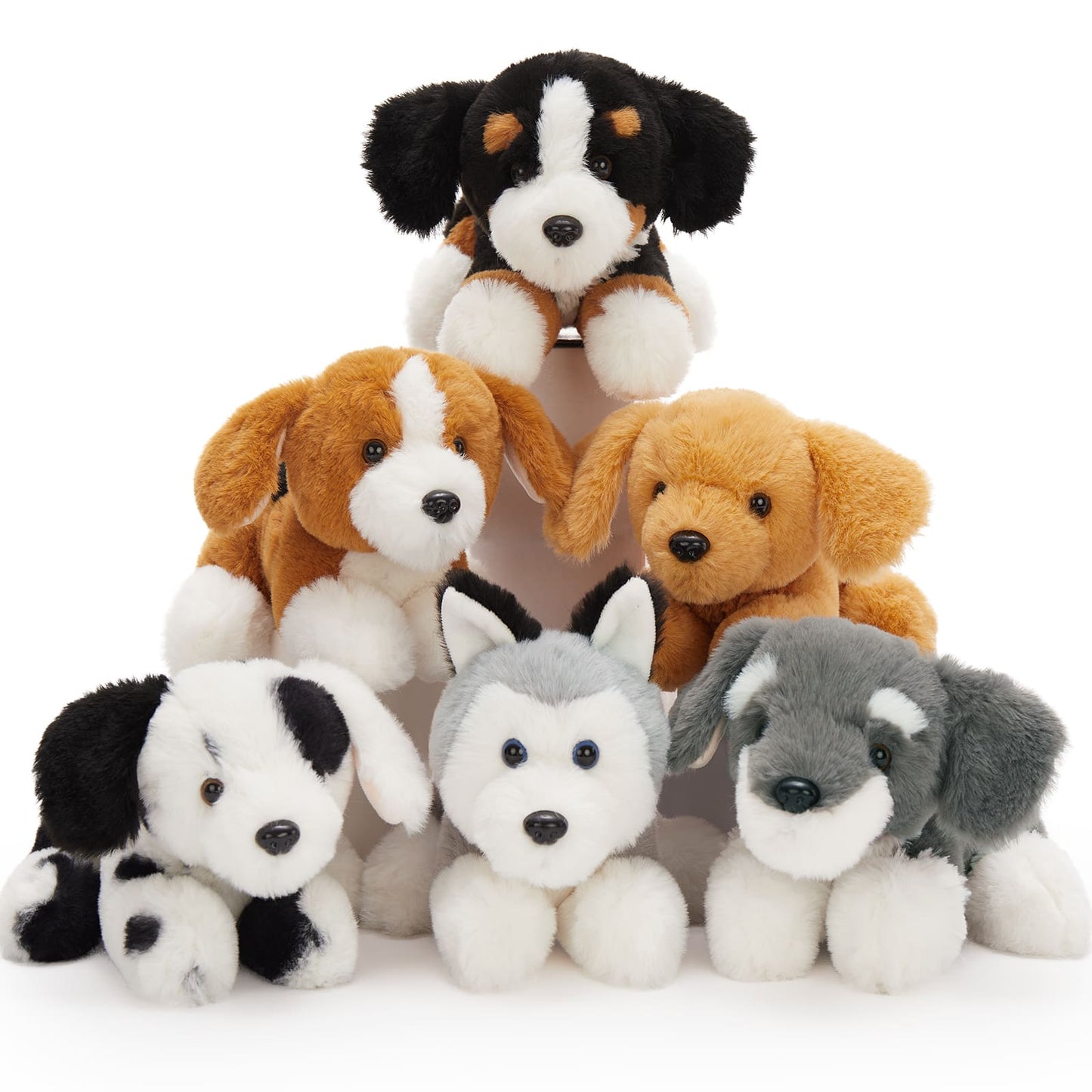 6 Pcs Dog Stuffed Animals Puppy Plush Toys, 10 Inches - Schnauzer/Husky/Bernese/Golden Retriever/Beagle/Dalmatian - MorisMos Stuffed Animals Bulk - Free Shipping