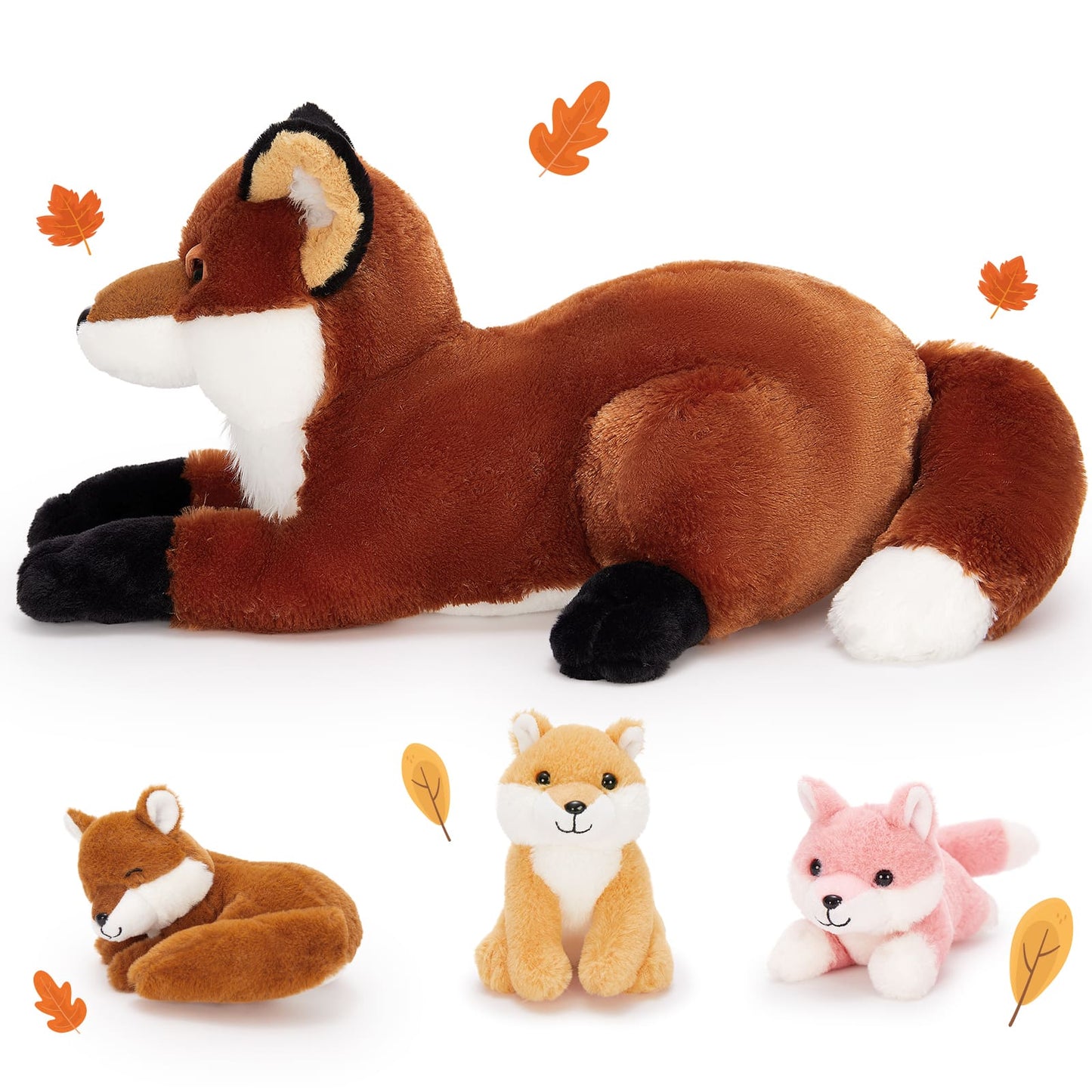 4 Pcs Jungle Red Fox Stuffed Animals, 22 Inches - Simulation Fox Plush Toys - Fox Baby Stuffed Animals with Their Mom - Christmas/Birthday Gift for Kids Teens Adults - Stuffed Animal Collection