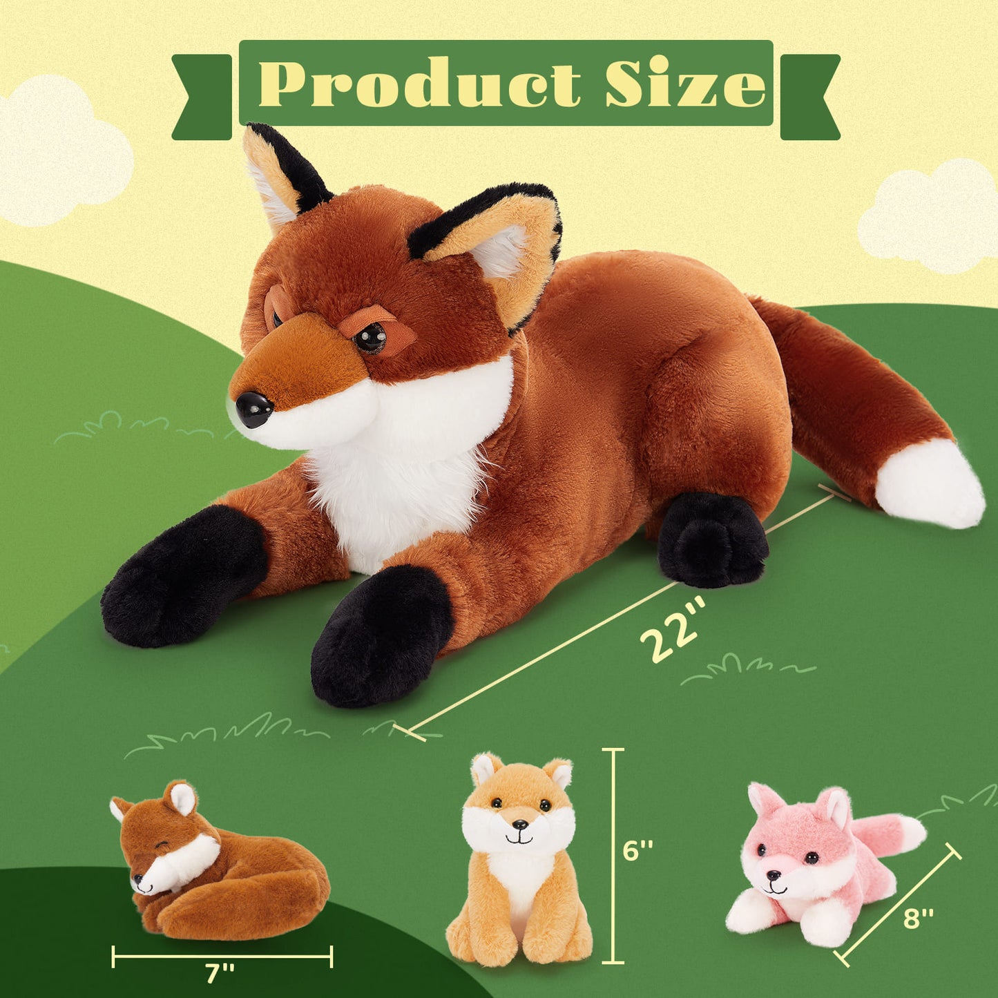 4 Pcs Jungle Red Fox Stuffed Animals, 22 Inches - Simulation Fox Plush Toys - Fox Baby Stuffed Animals with Their Mom - Christmas/Birthday Gift for Kids Teens Adults - Stuffed Animal Collection