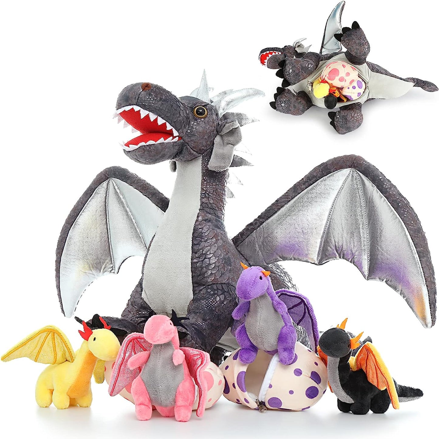 You'll absolutely love our marvelous Flying Dragon Plush Toy. It arrives with 4 cool mini dragon plushies and 2 adorable dragon eggs. This plushie set is made from the softest faux fur and plush PP cotton filling, not just making it look impressive but also making it cuddly. A fantastic present for anyone who loves stuffed toys!