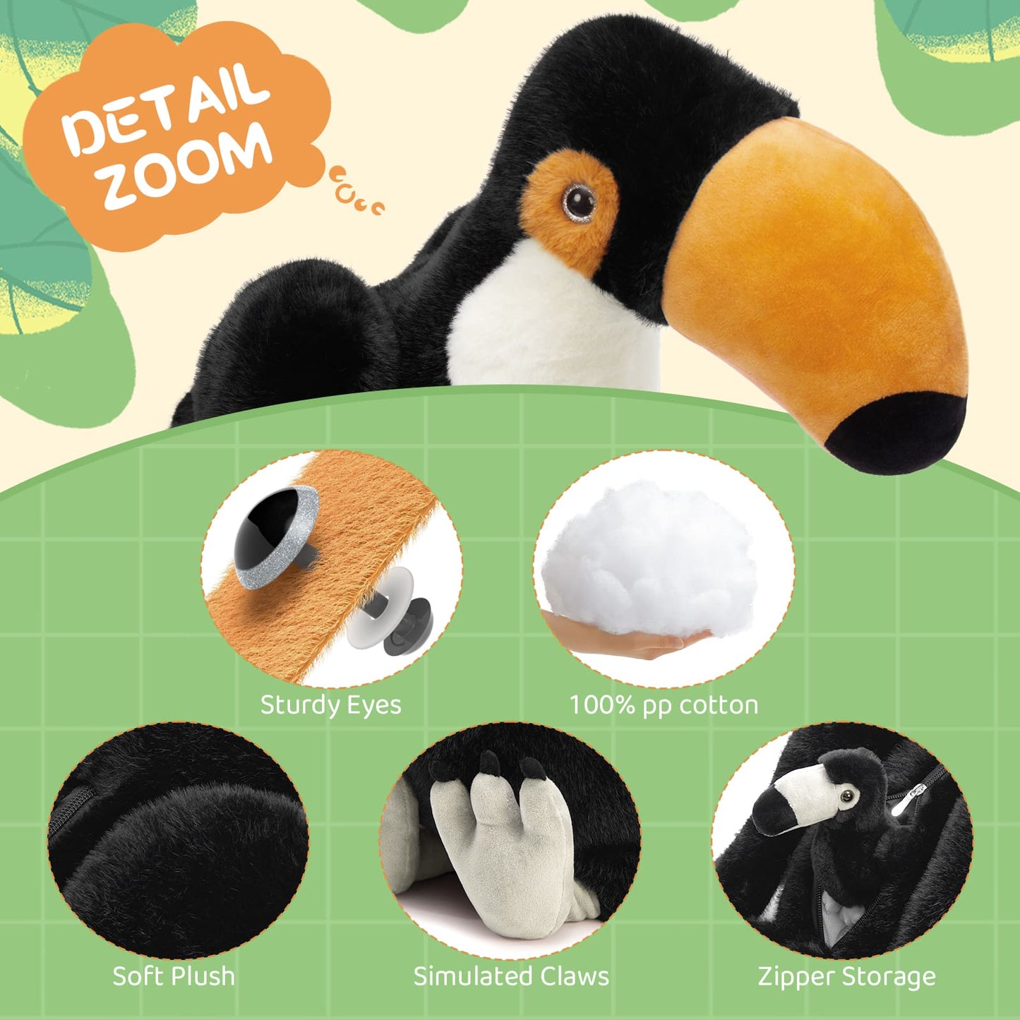 Realistic toucan plush toy with baby birds, educational animal toy for kids