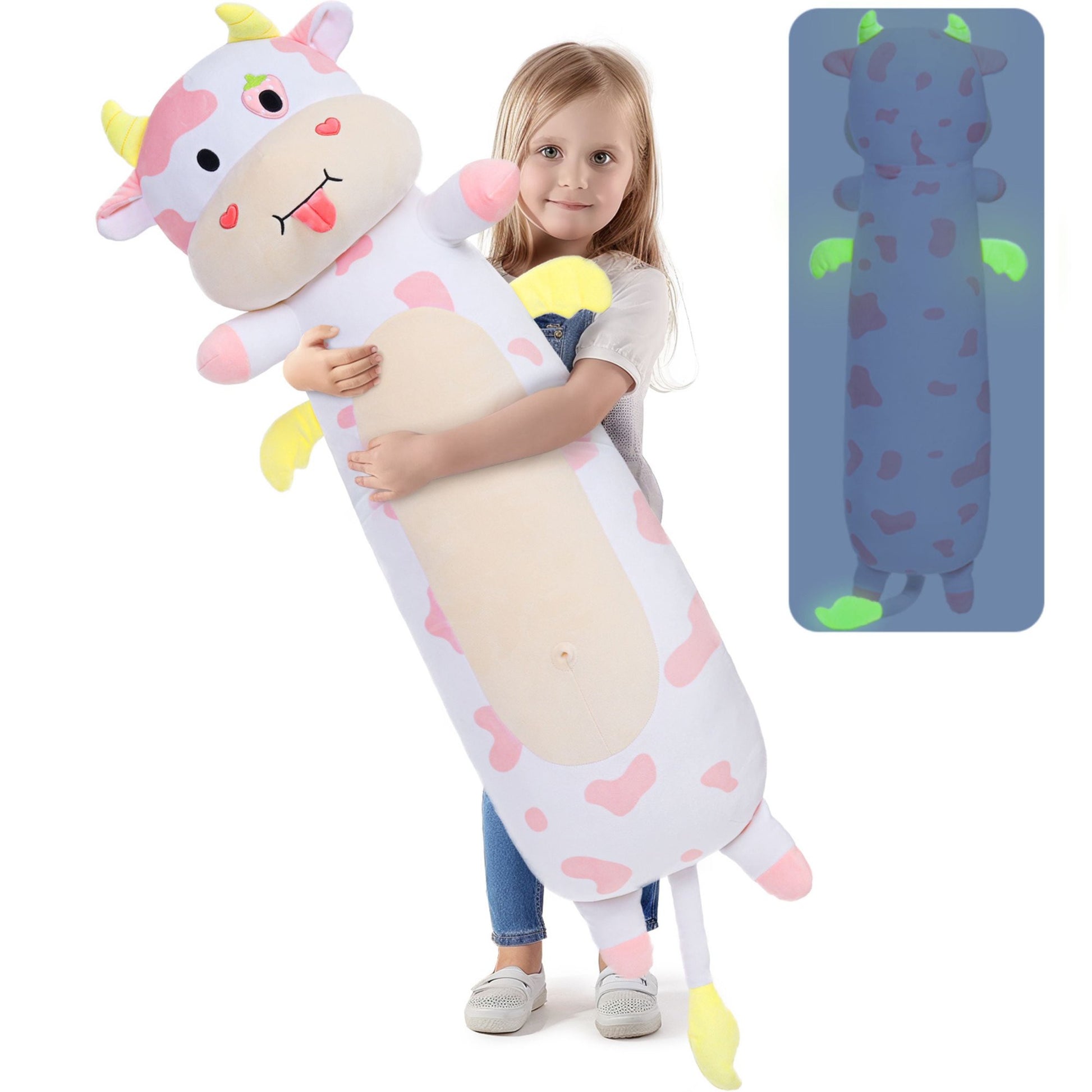 43.3" Cow Stuffed Animal Giant Stuffed Cow Body Pillow Glow in The Dark Plush Toy