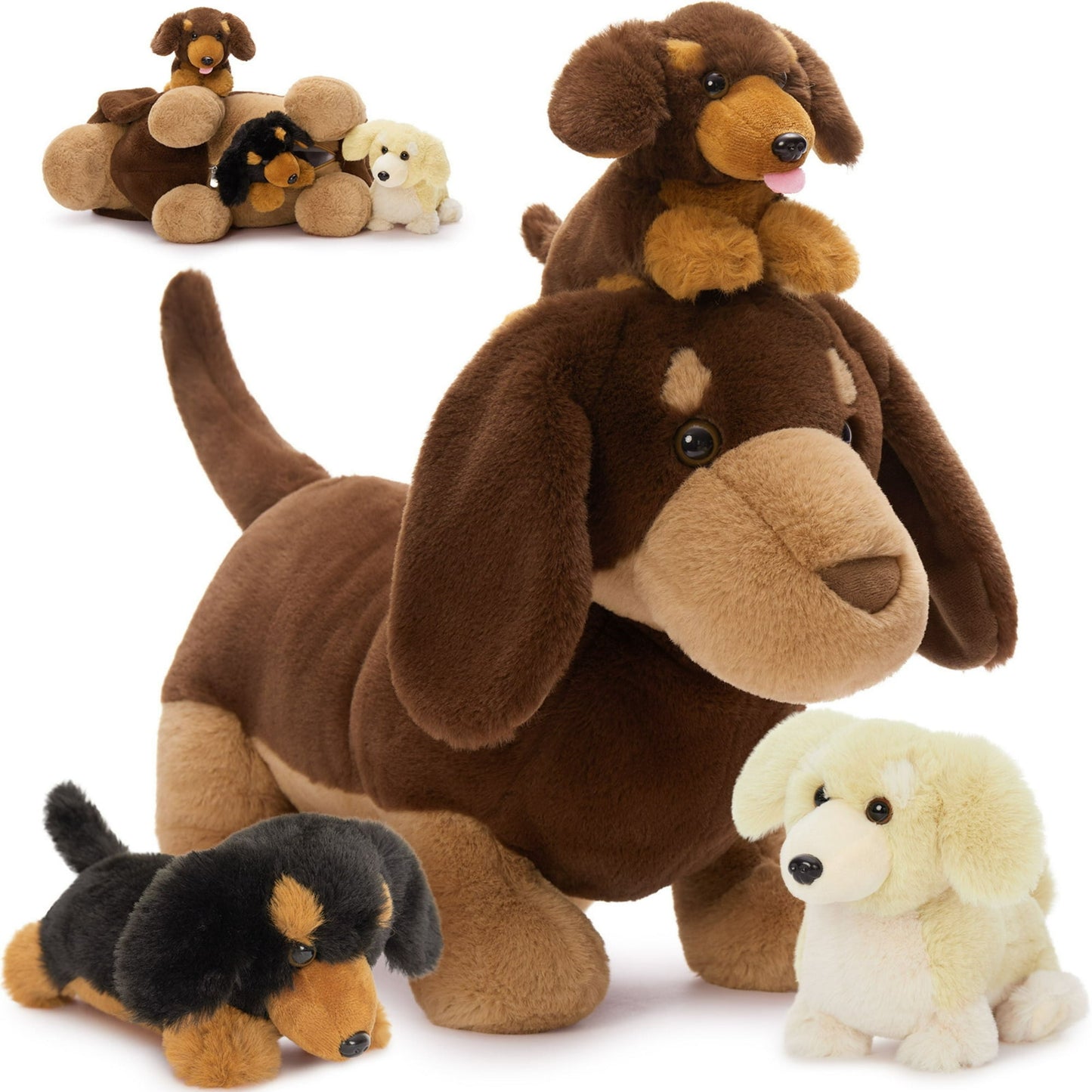 4Pcs Dachshund Stuffed Animal 18'' Mommy Stuffed Dachshund Toy with 3 Puppies Plush Toy