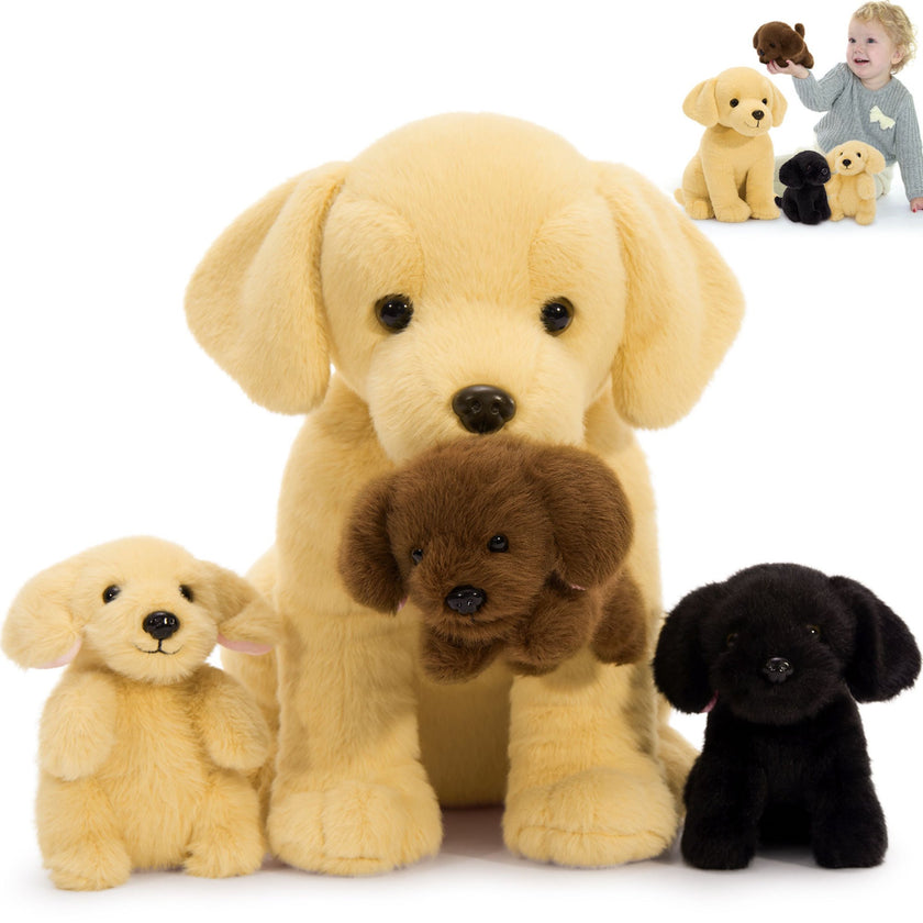 4Pcs Dog Stuffed Animal 12" Big Stuffed Dog with 3 Baby Puppies Plush Toy