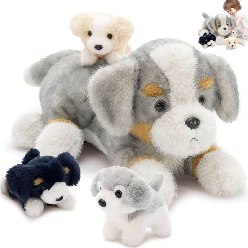 4Pcs Australian Shepherd Dog Stuffed Animals 23.6" Mommy Dog Plush with 3 Babies Puppy Plush Toy