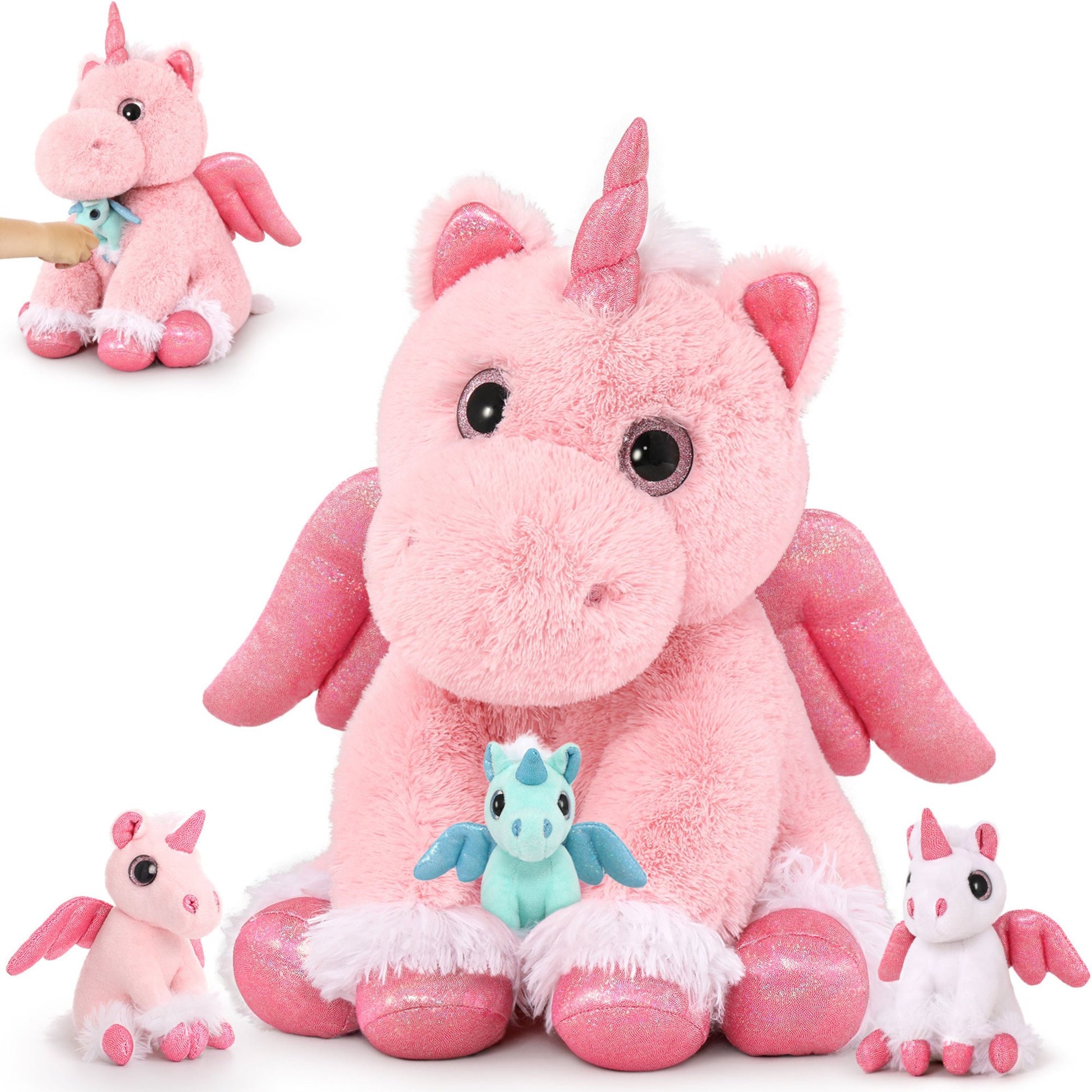 4Pcs Unicorn Stuffed Animal 15.7'' Giant Unicorn Plush with 3 Babies Plush Toy