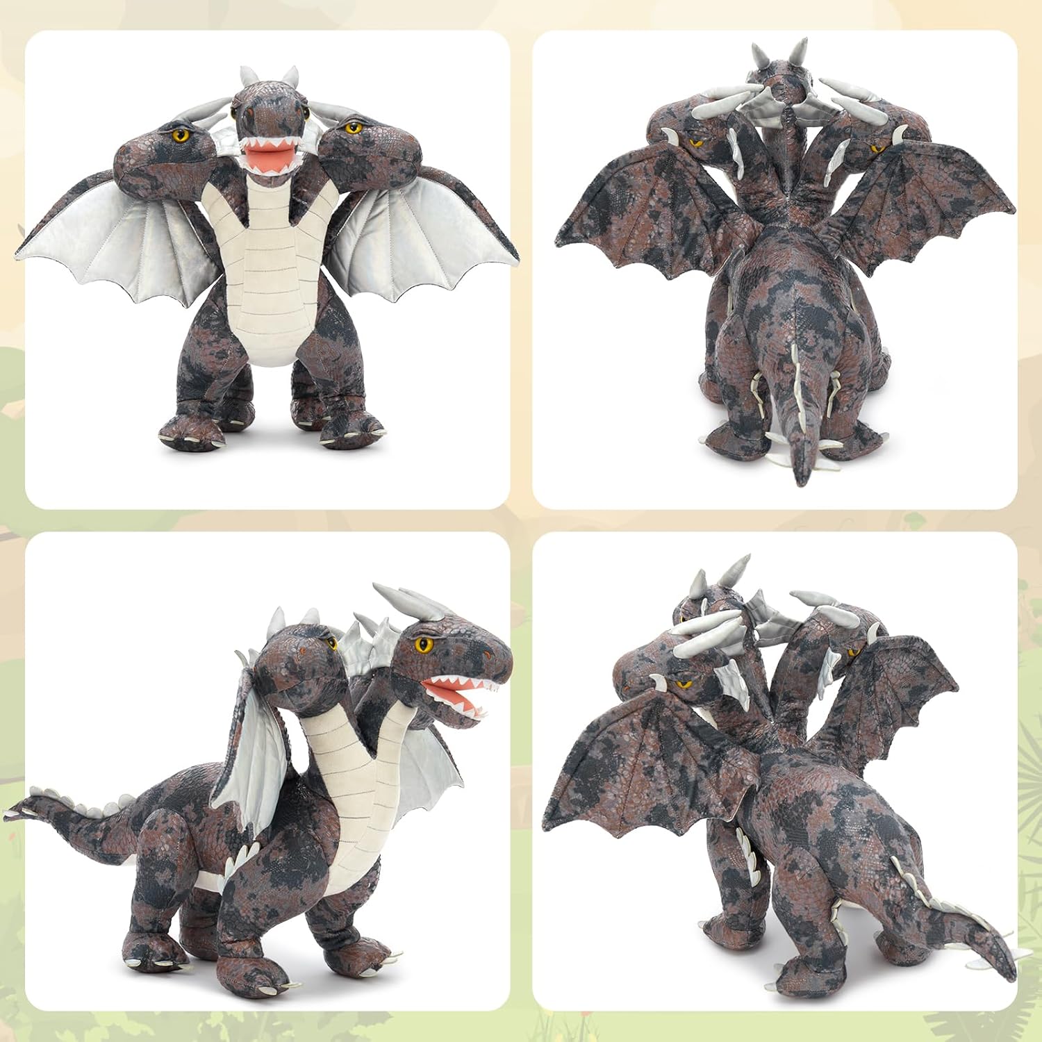 Triple-Headed Flying Dragon Plush Toys, Grey/Pink, 21.6 Inches