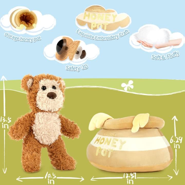 Stuffed Bear with Honey Pot Plush, 13.5 Inches - Teddy Bear Stuffed Animals - Honey Pot Plush Toy - Kids' Imagination Games