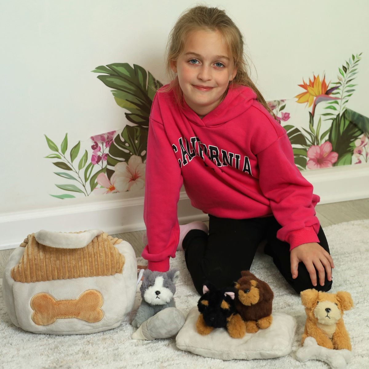 Four cute plush puppies with soft toy dog house carrier