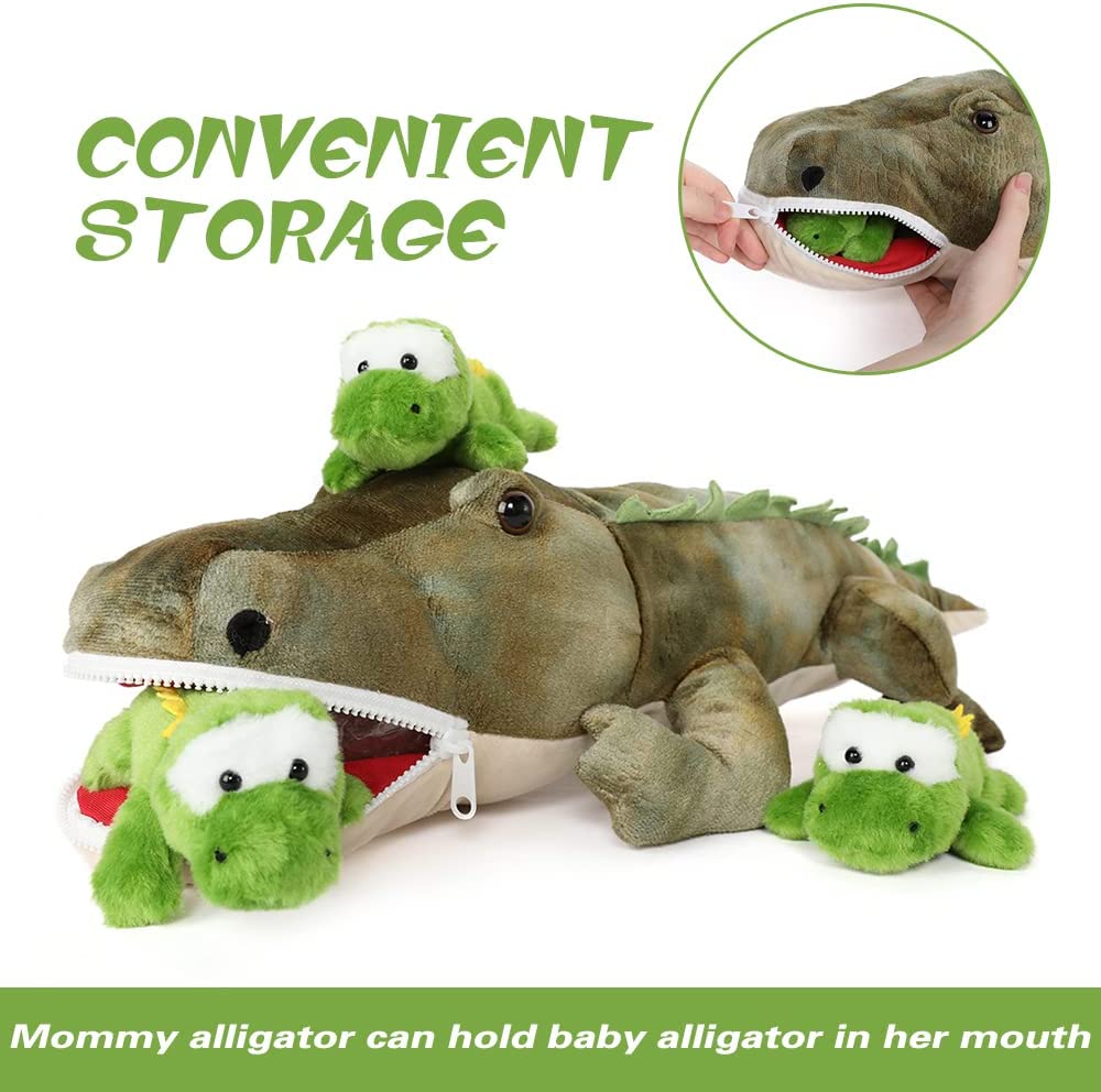 Animal en peluche alligator avec 3 bébés crocodiles, vert, 24 pouces