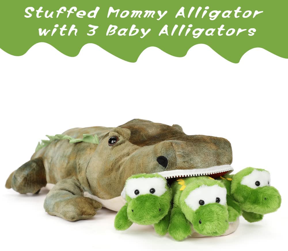 Animal en peluche alligator avec 3 bébés crocodiles, vert, 24 pouces