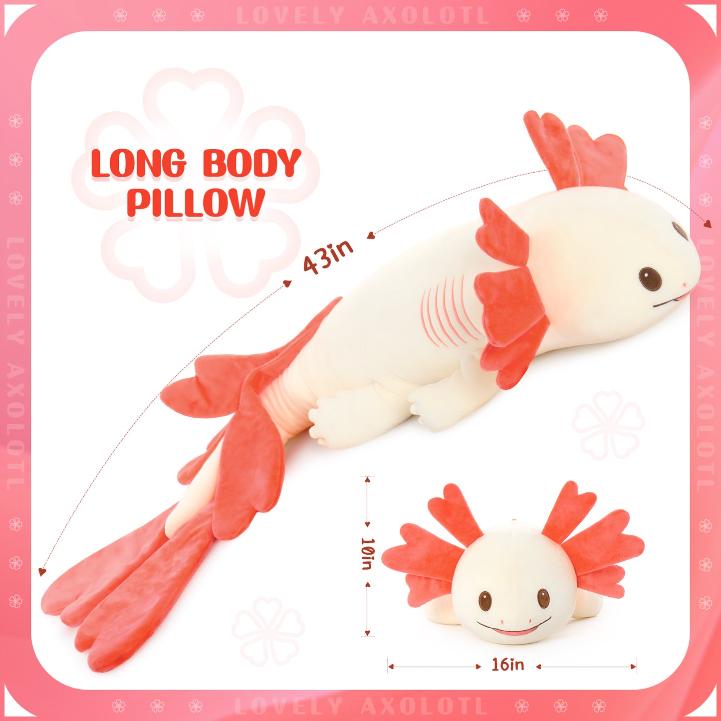 Axolotl Plush Toy Salamander Long Throw Pillow, 43 Inches - MorisMos Stuffed Animals
