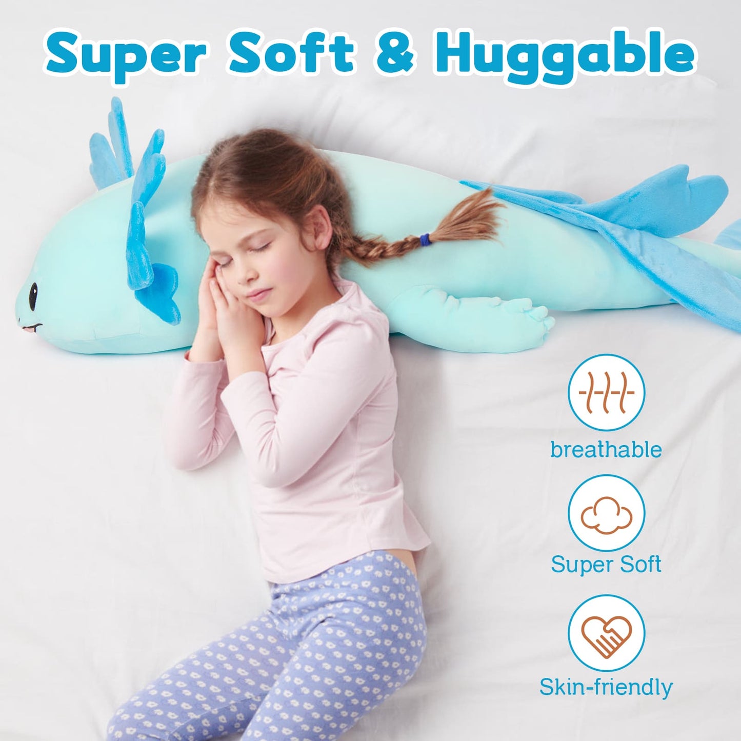 Axolotl Plush Toy Salamander Long Throw Pillow, Blue, 43 Inches