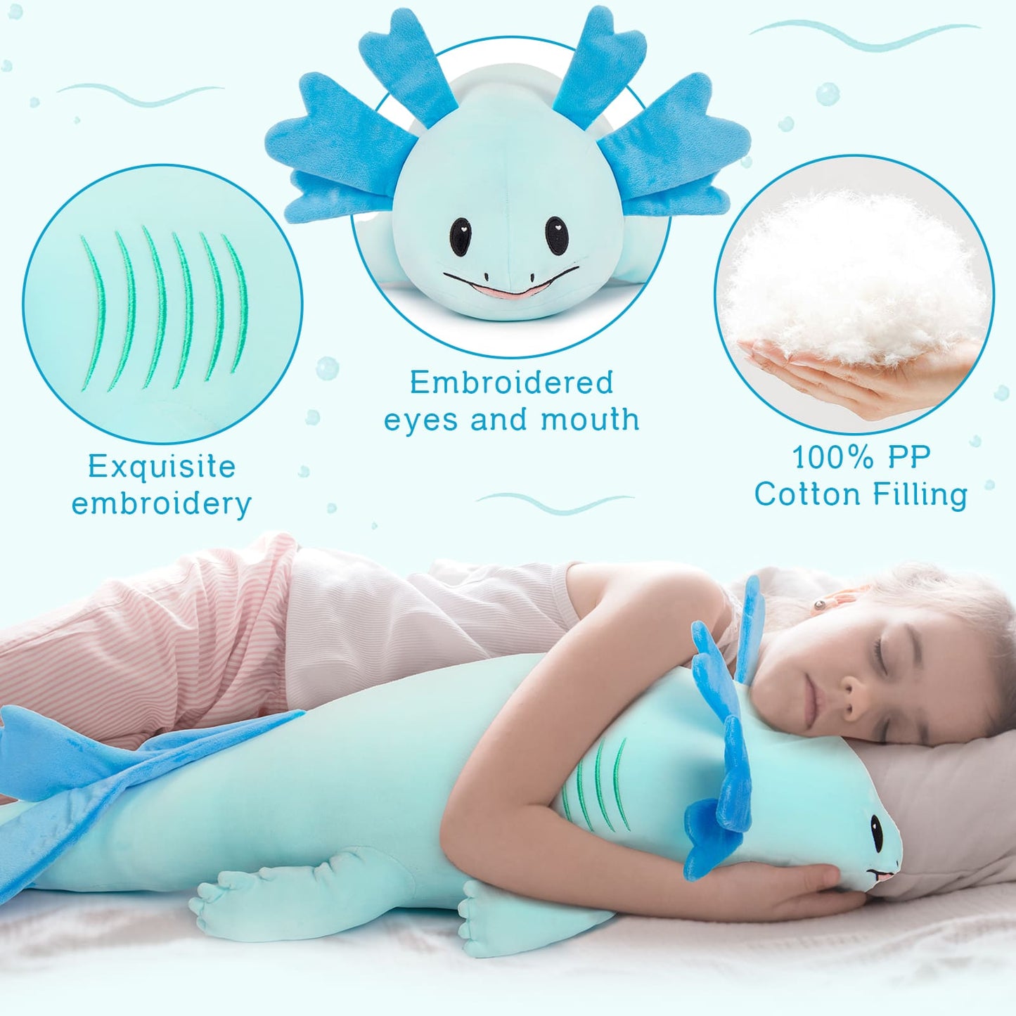 Axolotl Plush Toy Salamander Long Throw Pillow, Blue, 43 Inches