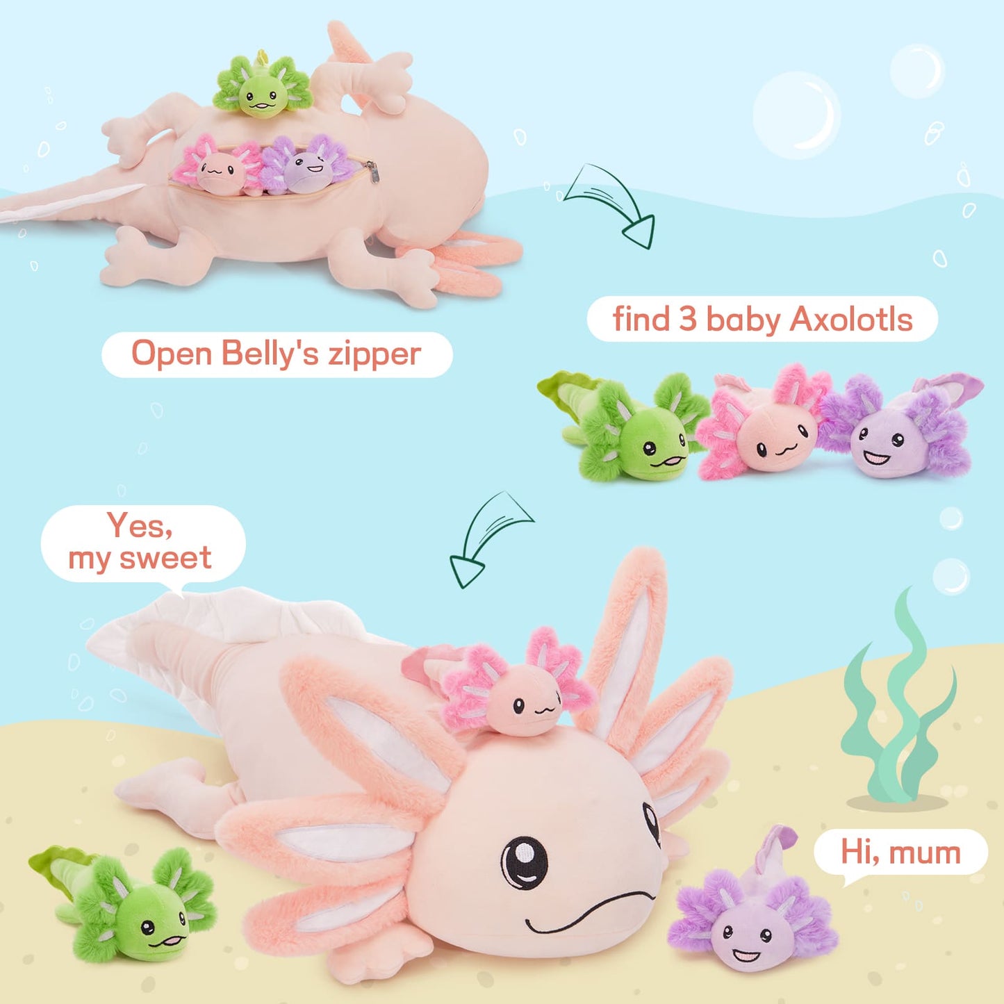 4 Pcs Large Axolotl Stuffed Animals - Axolotl Stuffed Animal Mommy 31.4" with 3 Baby Axolotl Plushies in Tummy - 4 Piece of Cute Axolotl Plush Pillow Toys for Kids - Glow-in-the-dark Salamander Stuffed Animals - Cool Amphibians Plush Toys -  Christmas/Birthday Gift for Friends