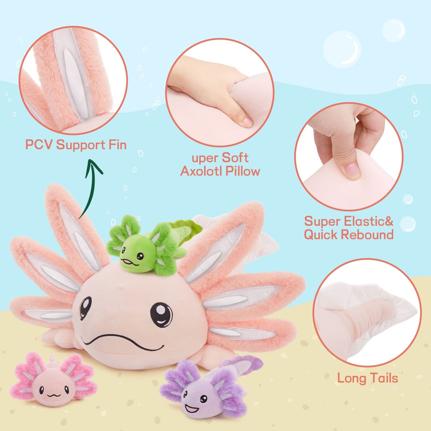 4 Pcs Large Axolotl Stuffed Animals - Axolotl Stuffed Animal Mommy 31.4" with 3 Baby Axolotl Plushies in Tummy - 4 Piece of Cute Axolotl Plush Pillow Toys for Kids - Glow-in-the-dark Salamander Stuffed Animals - Cool Amphibians Plush Toys -  Christmas/Birthday Gift for Friends