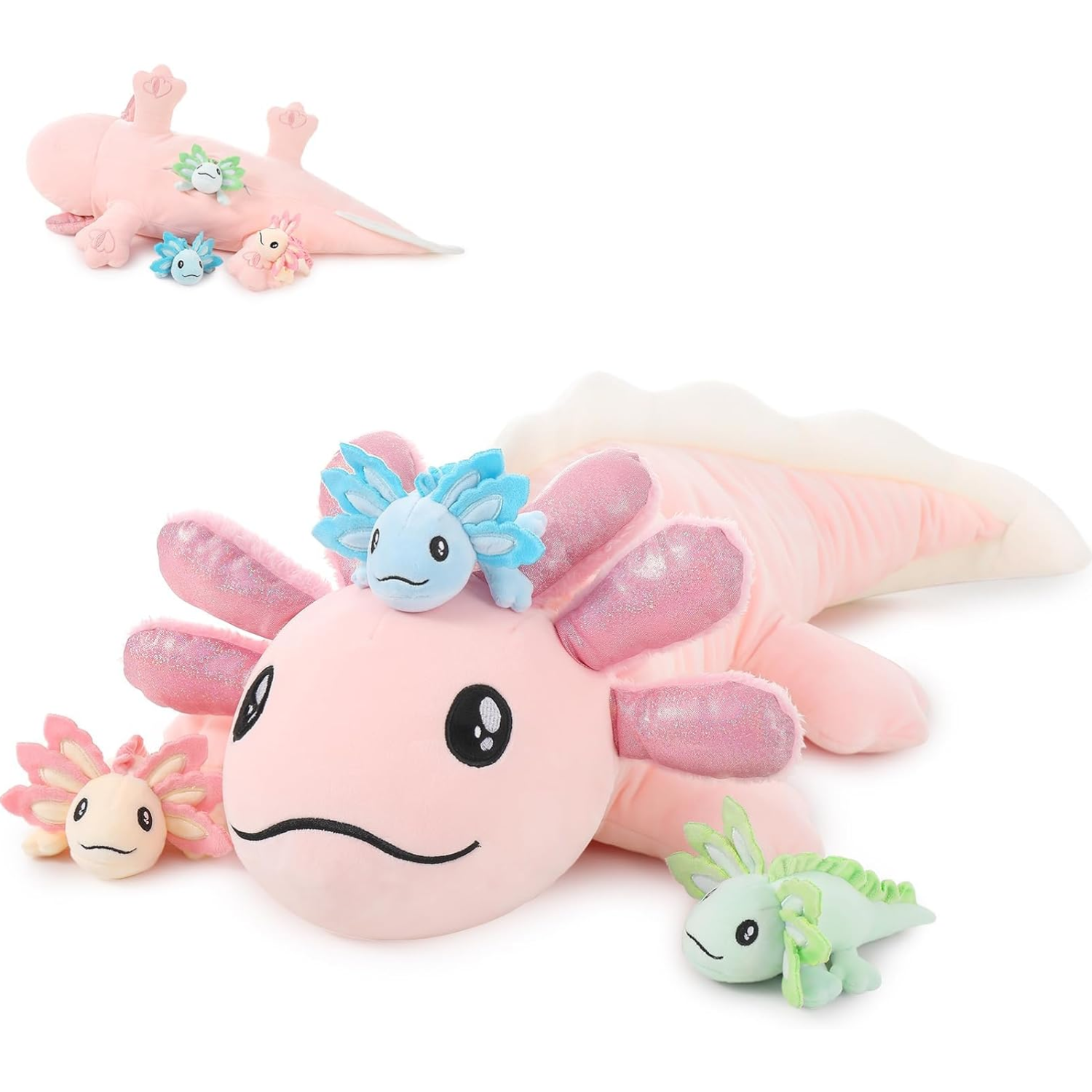 Axolotl Plushie with 3 Babies, 31.5 Inches