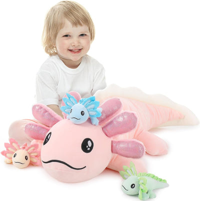 Have a look at this eye-catching set of axolotl plush toys. Guess what? It was a neat surprise! Unzip the plushie at the bottom to find three amazingly adorable mini baby axolotls. This makes it an awesome gift for anyone who loves axolotls or is just a big fan of stuffed toys.