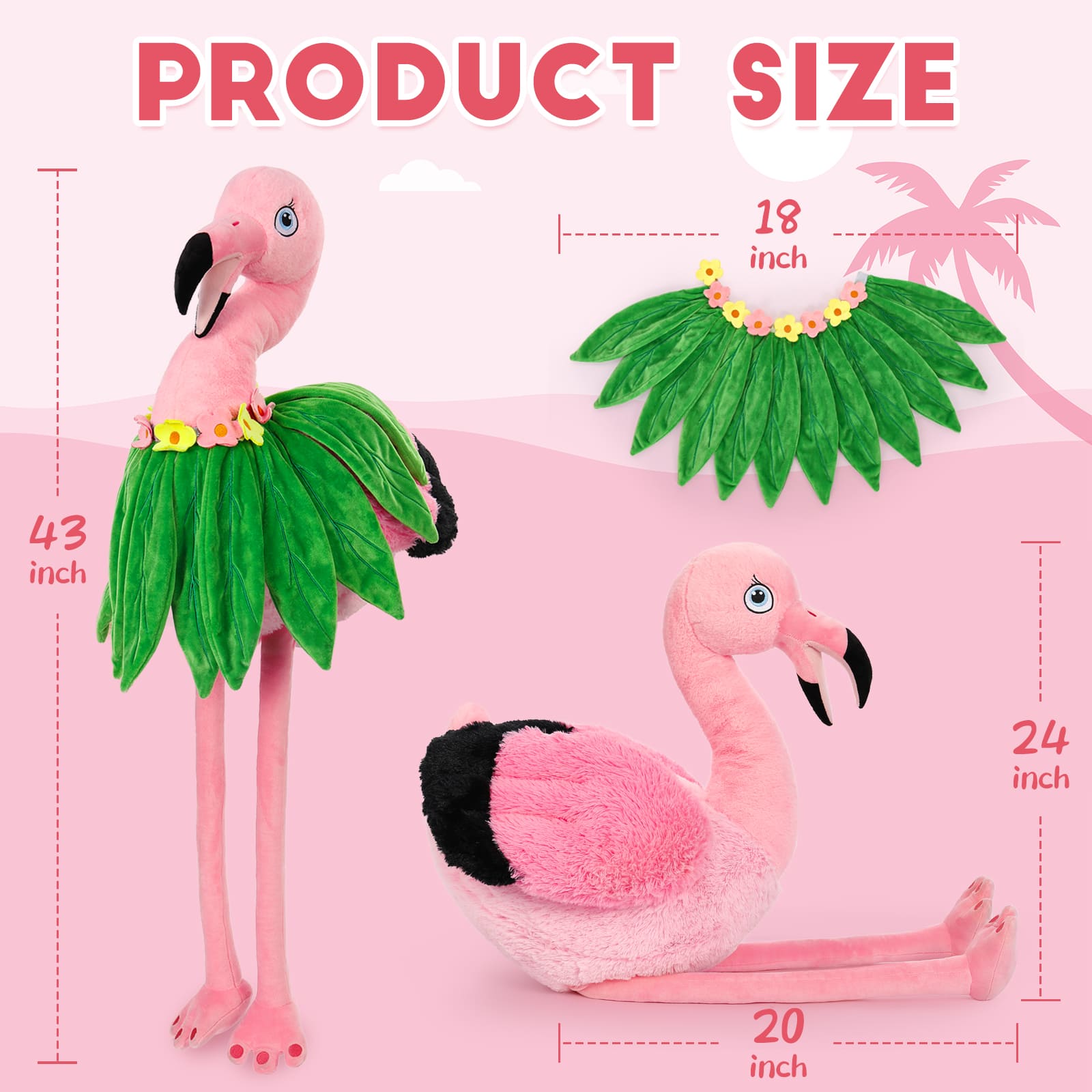 Flamingo Stuffed Animals with Grass Skirt, Pink, 43 Inches