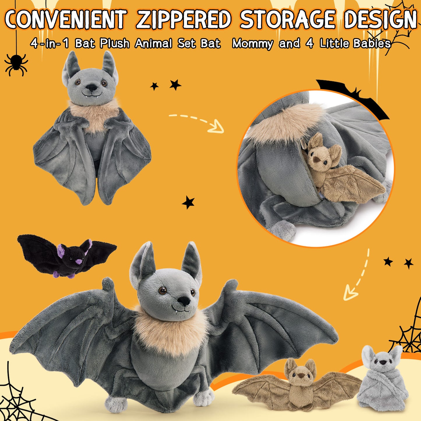 Lifelike Bat Stuffed Animals - Halloween Theme Plush Toys - Bat Stuffed Animals with Babies in the Belly - Stuffed Animal Bat Babies with Their Mom - Halloween Gift Ideas for Girls Boys