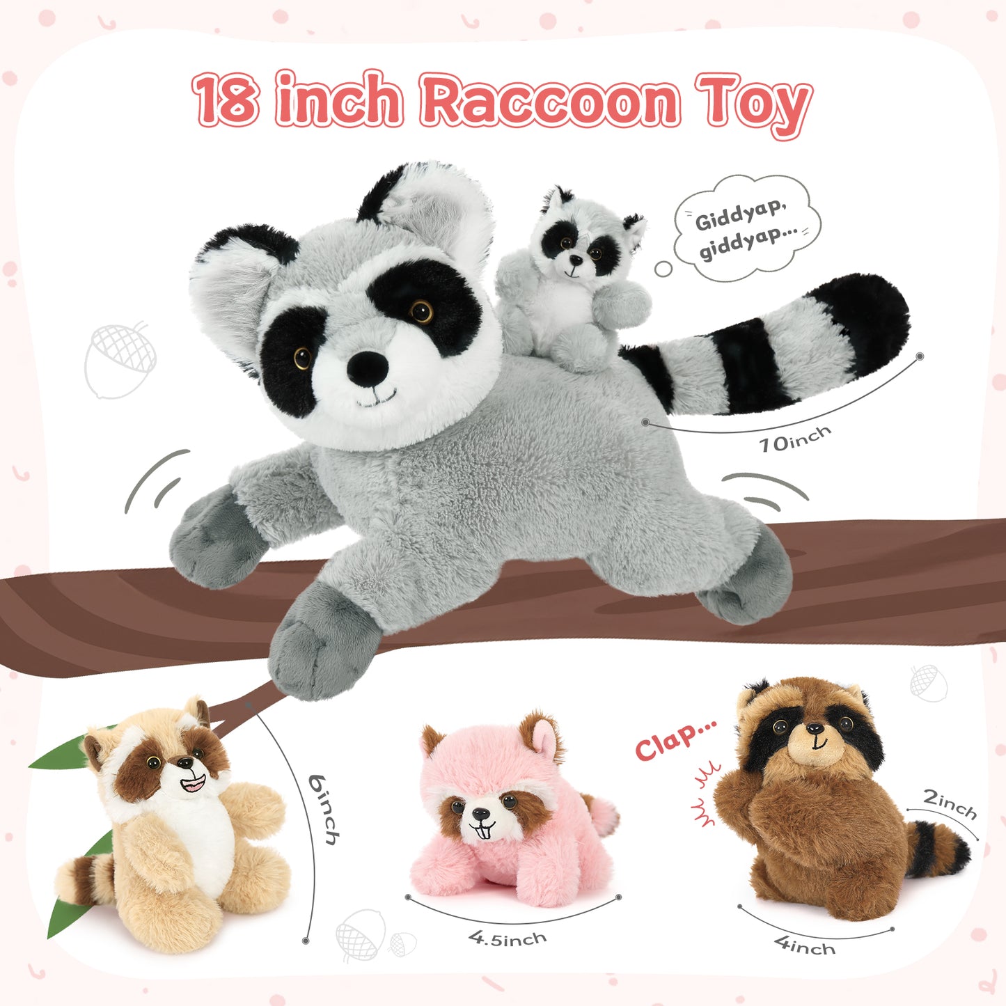 Big Raccoon with Four Mini Raccoons, 17.7 Inches - MorisMos Stuffed Animals - Free Shipping