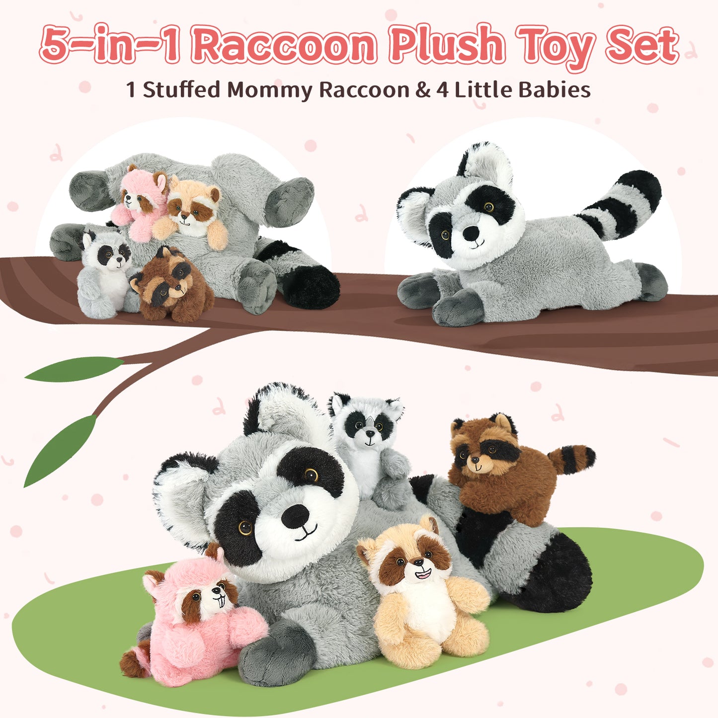 Big Raccoon with Four Mini Raccoons, 17.7 Inches - MorisMos Stuffed Animals - Free Shipping