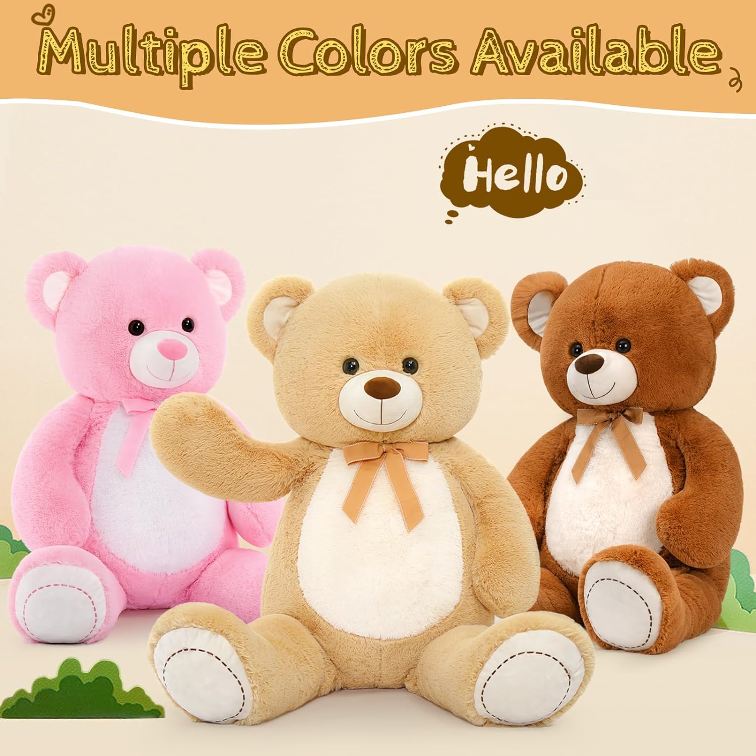 Big Teddy Bear Plush Toy, Light Brown/Dark Brown/Pink, 51 Inches