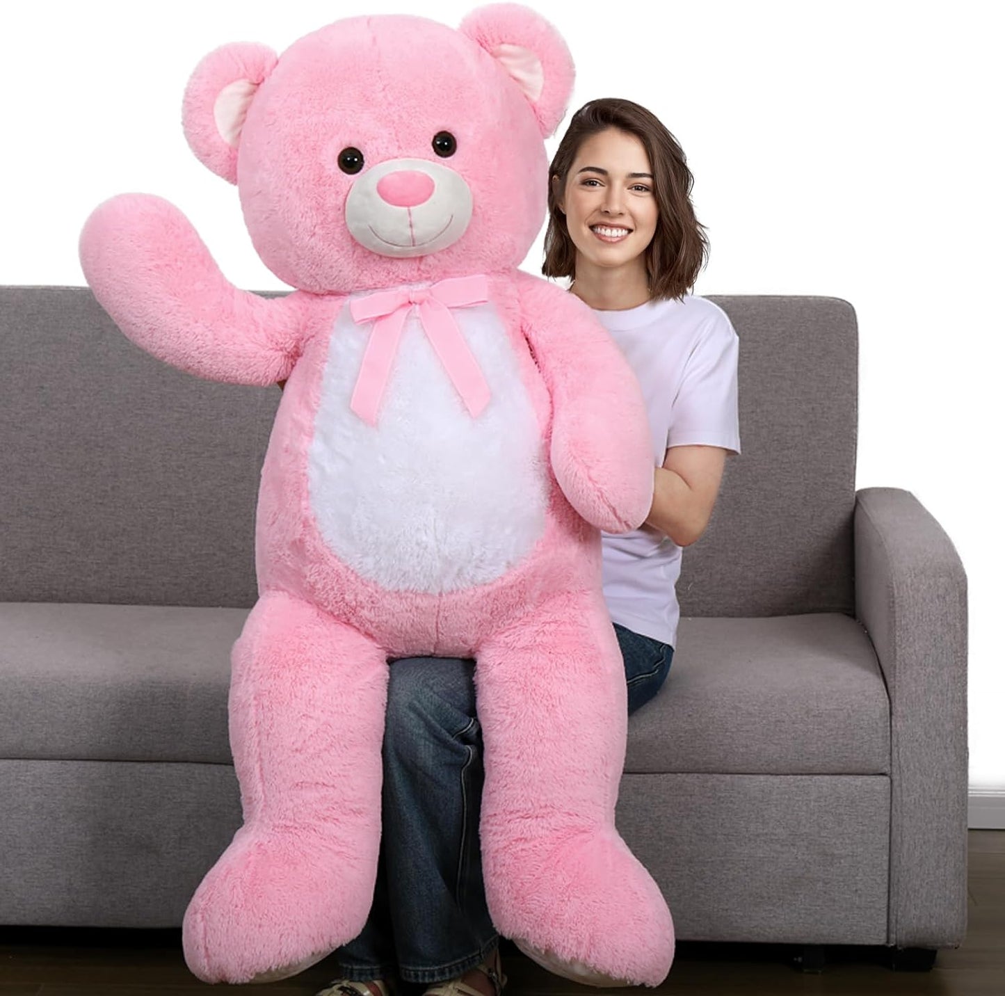 Big Teddy Bear Plush Toy, Light Brown/Dark Brown/Pink, 51 Inches