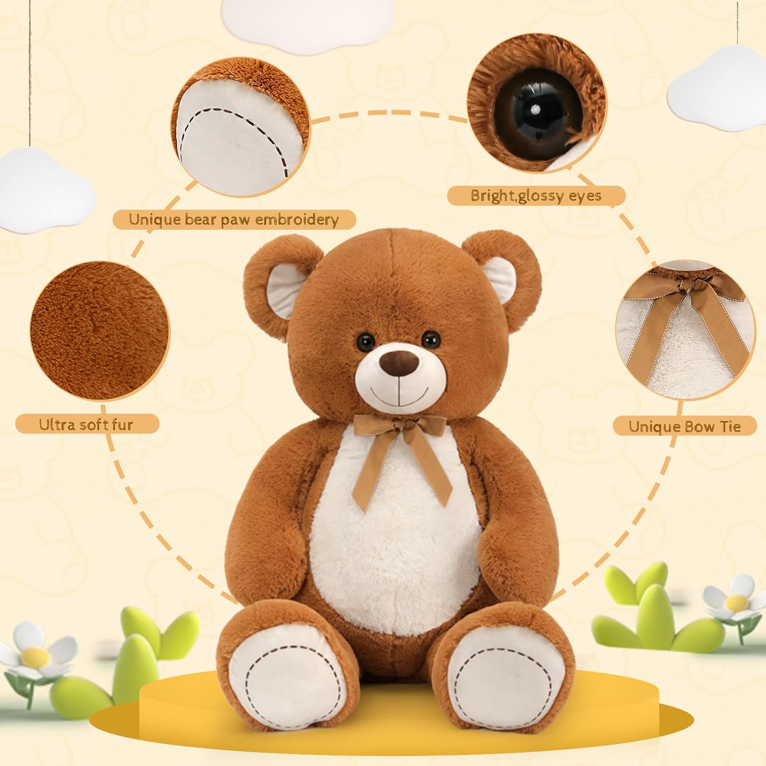 Big Teddy Bear Plush Toy, Light Brown/Dark Brown/Pink, 51 Inches