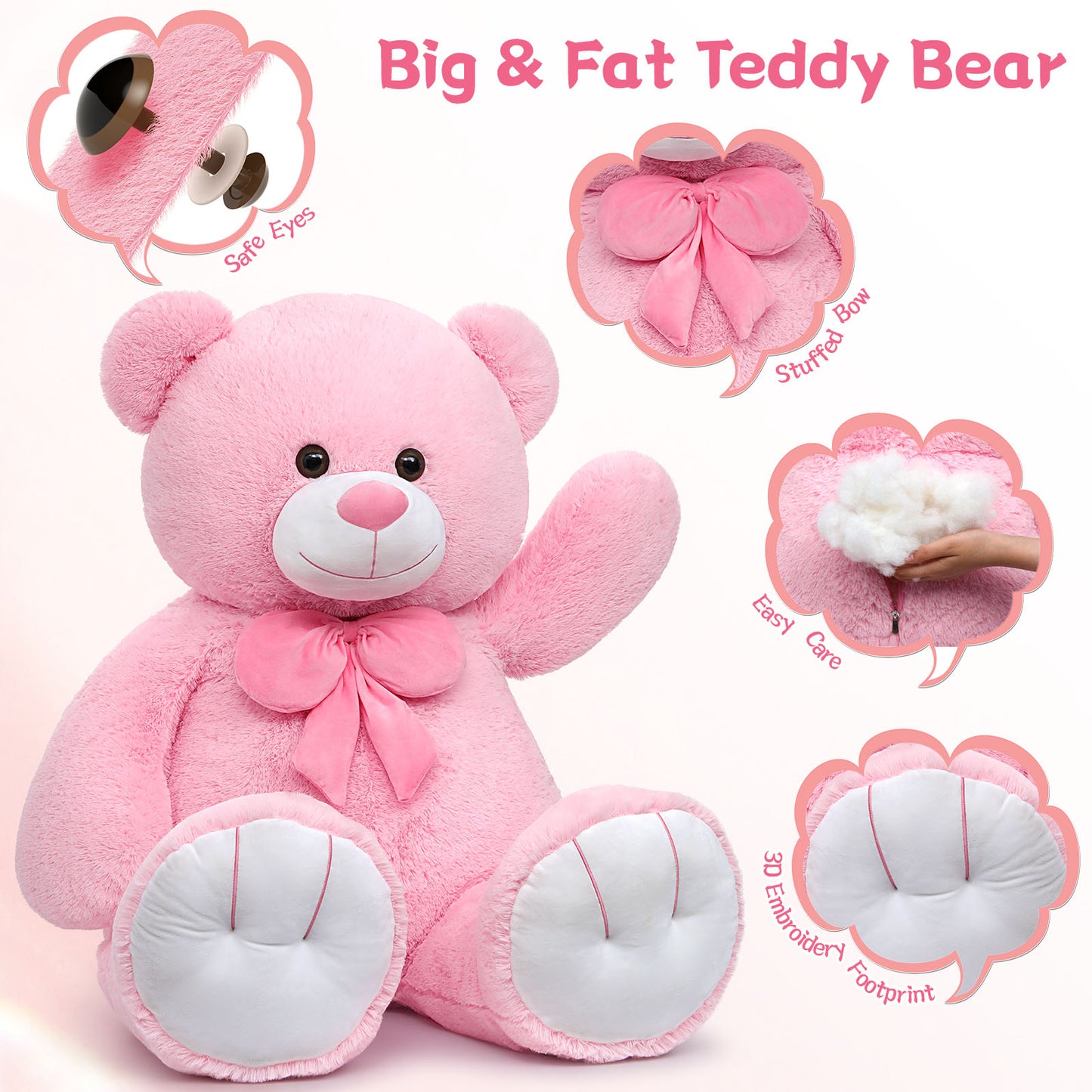 Big Teddy Bear Plush Toy Giant Bear Stuffed Animals, Pink, 47/59 Inches