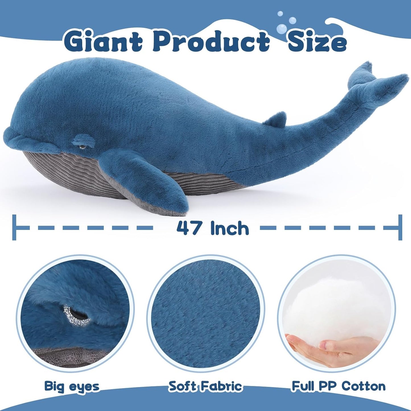 Big Whale Stuffed Animal, Navy Blue, 47 Inches