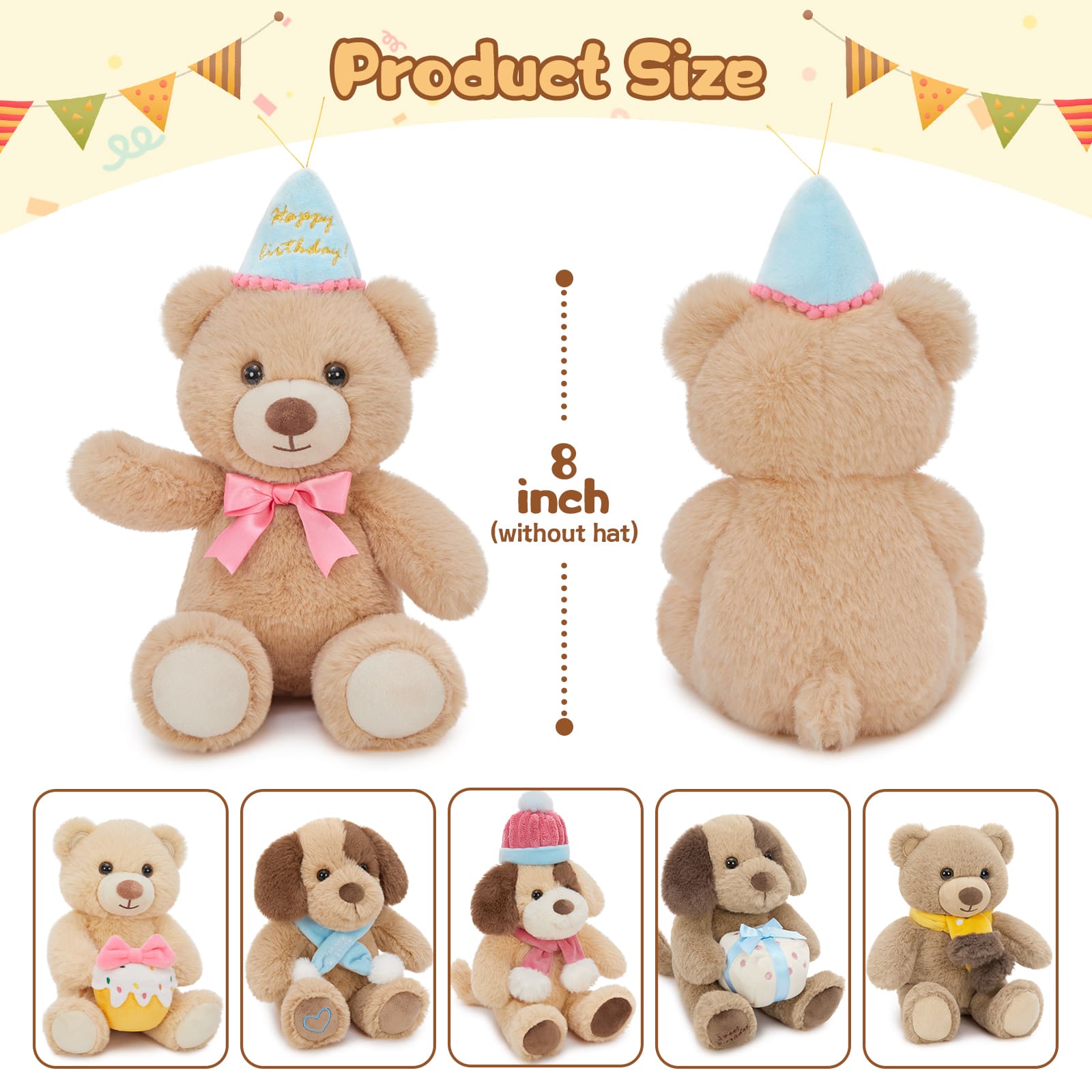 6 Pcs Birthday Dog Stuffed Animals Teddy Bear Plush Toys, 8 Inches