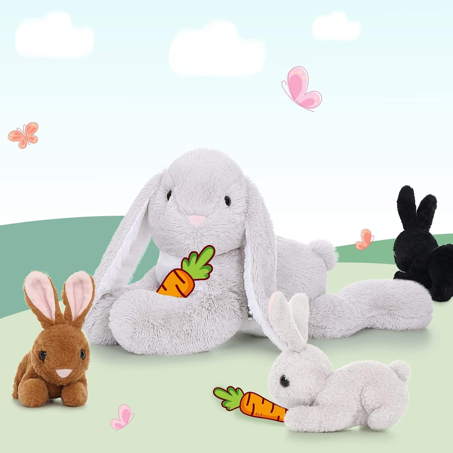 Cute Bunny Plush Toy Set, 24 Inches - Stuffed Animal Babies with Their Mom - Cute Rabbie Plush Toys for Children - Stuffed Animal with Babies in Belly - Christmas Birthday Easter Gift for Kids Teens Adults