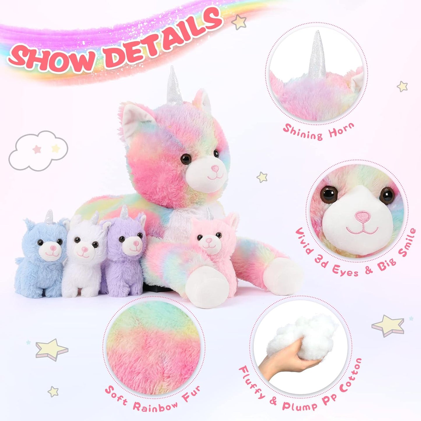 Caticorn Colorful Stuffed Animals - Rainbow Unicorn Cat Plush Toys - Stuffed Animal Babies with Their Mom - Stuffed Animals with Babies in the Belly - Cute Kitten Plush Dolls - MorisMos Stuffies