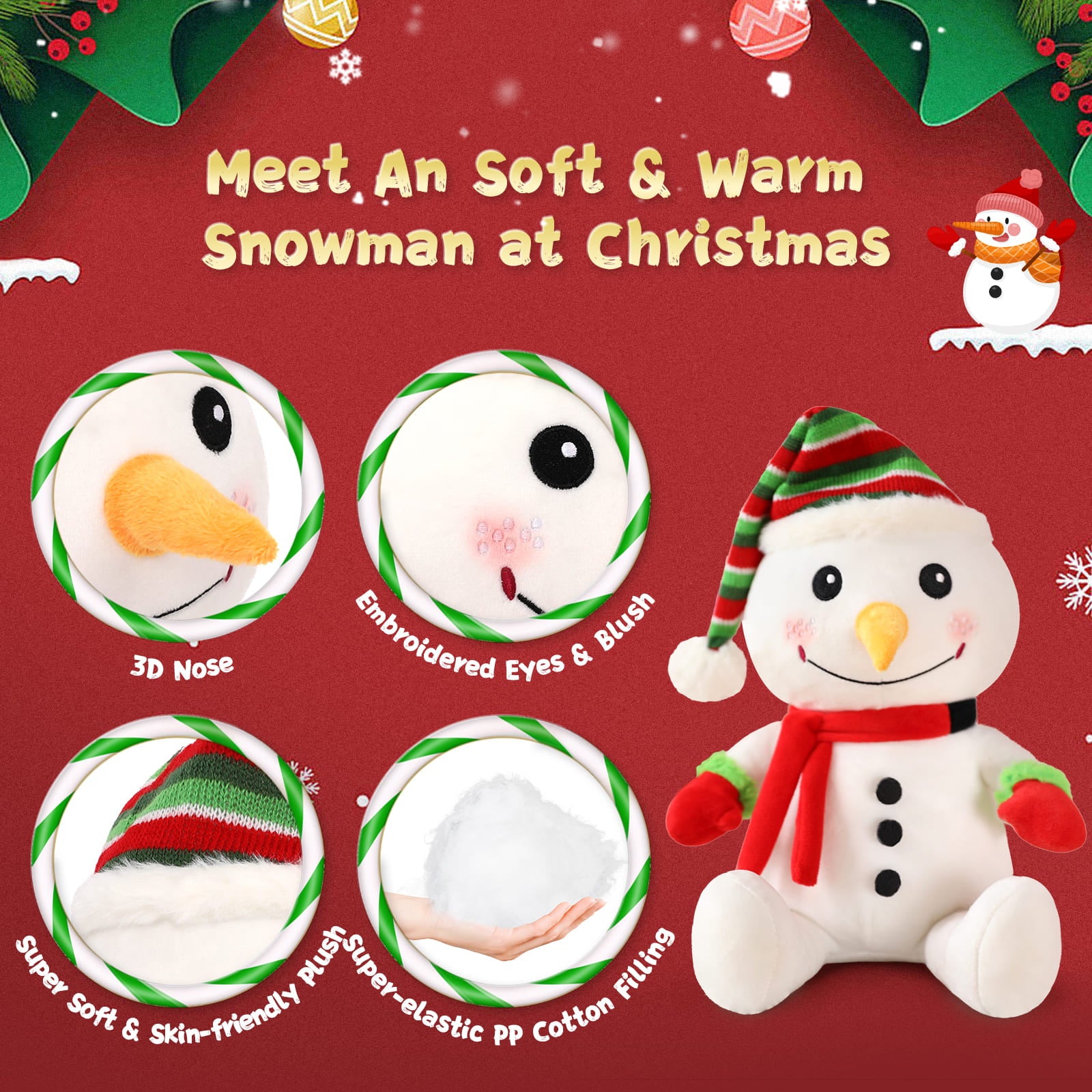 Snowman Plush Toys Christmas Plush Pillow, 14.2 Inches