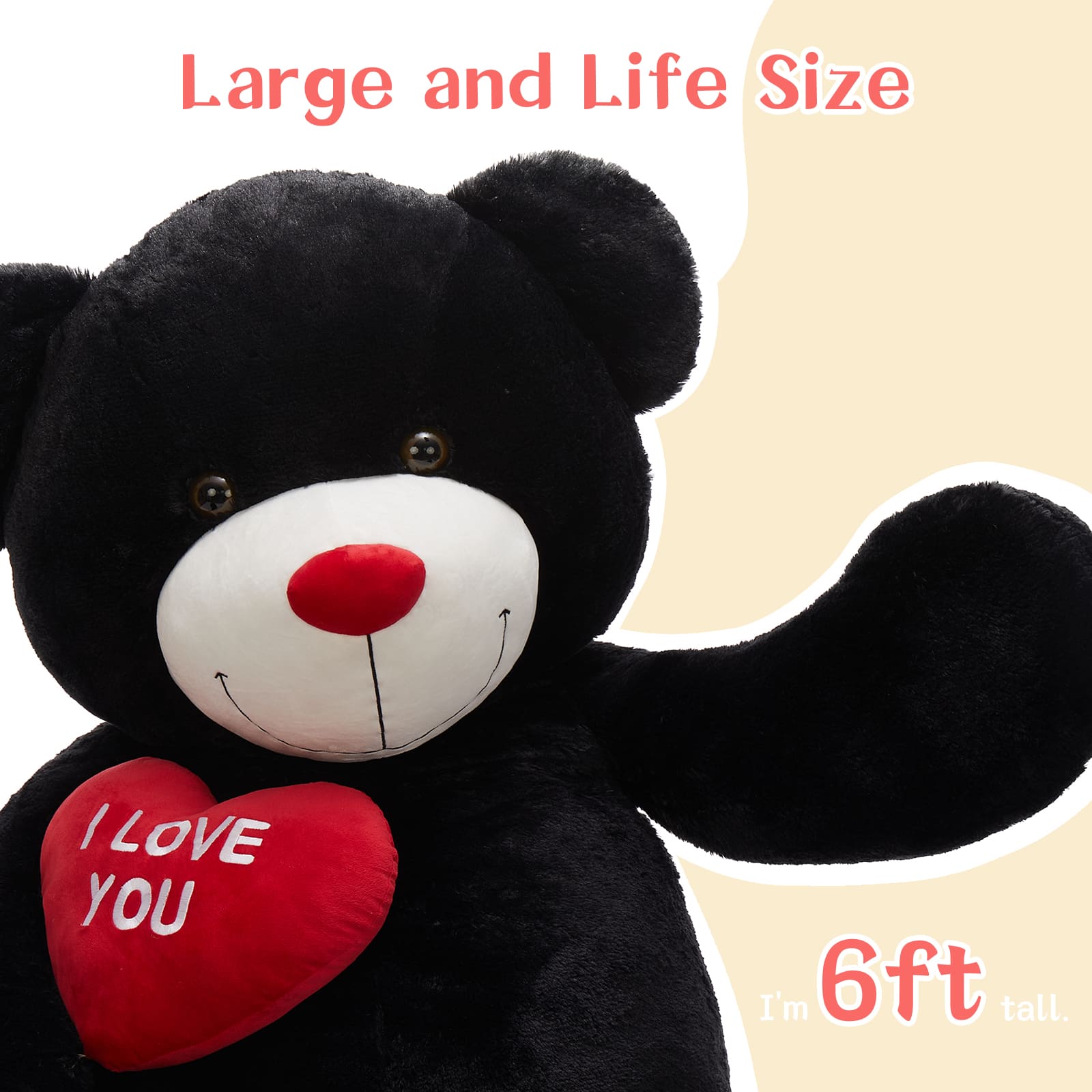 Life Size Teddy Bear Plush Toy, Brown/Beige/Pink/Black, 6 FT