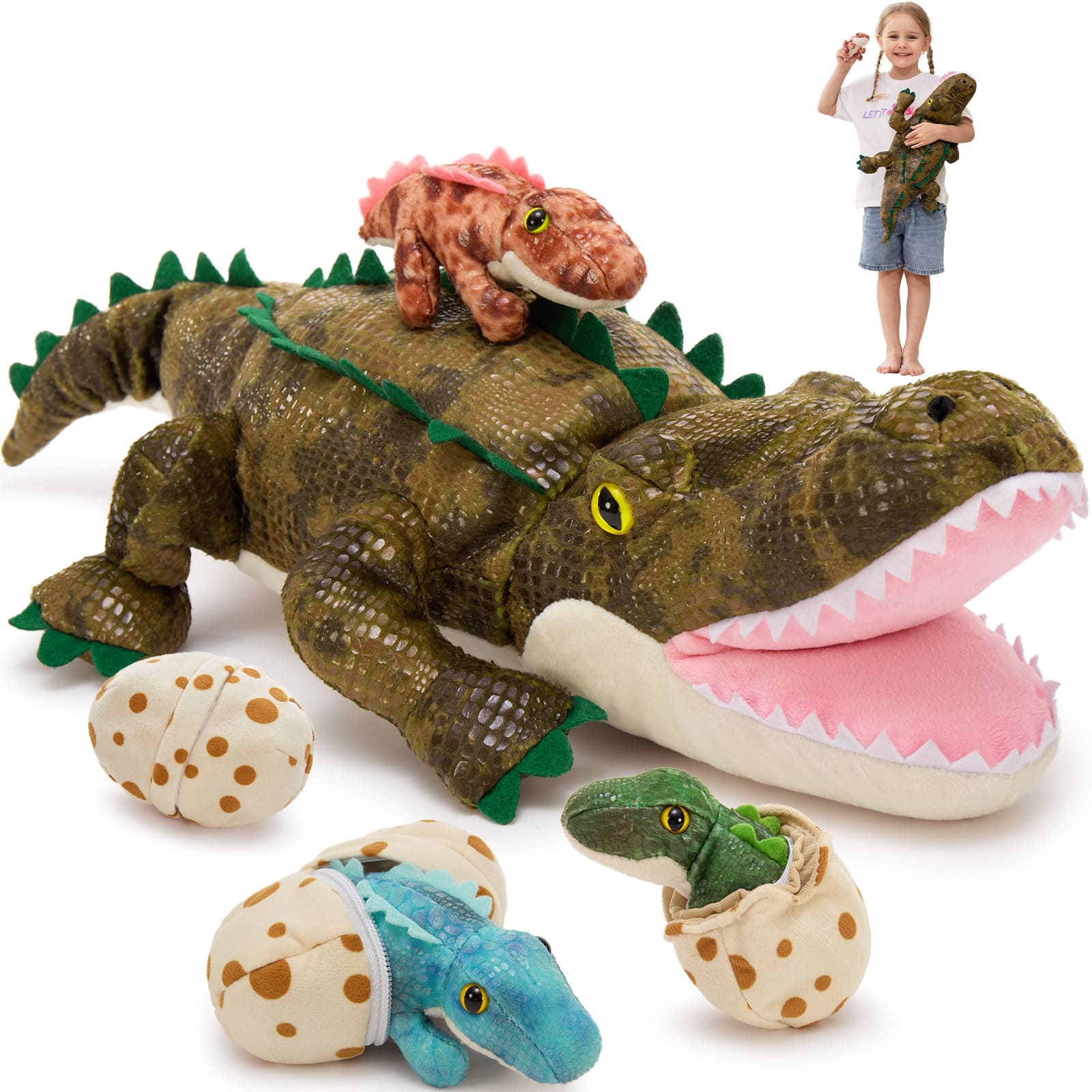 Maman crocodile avec 3 peluches bébé crocodile, 23,6''