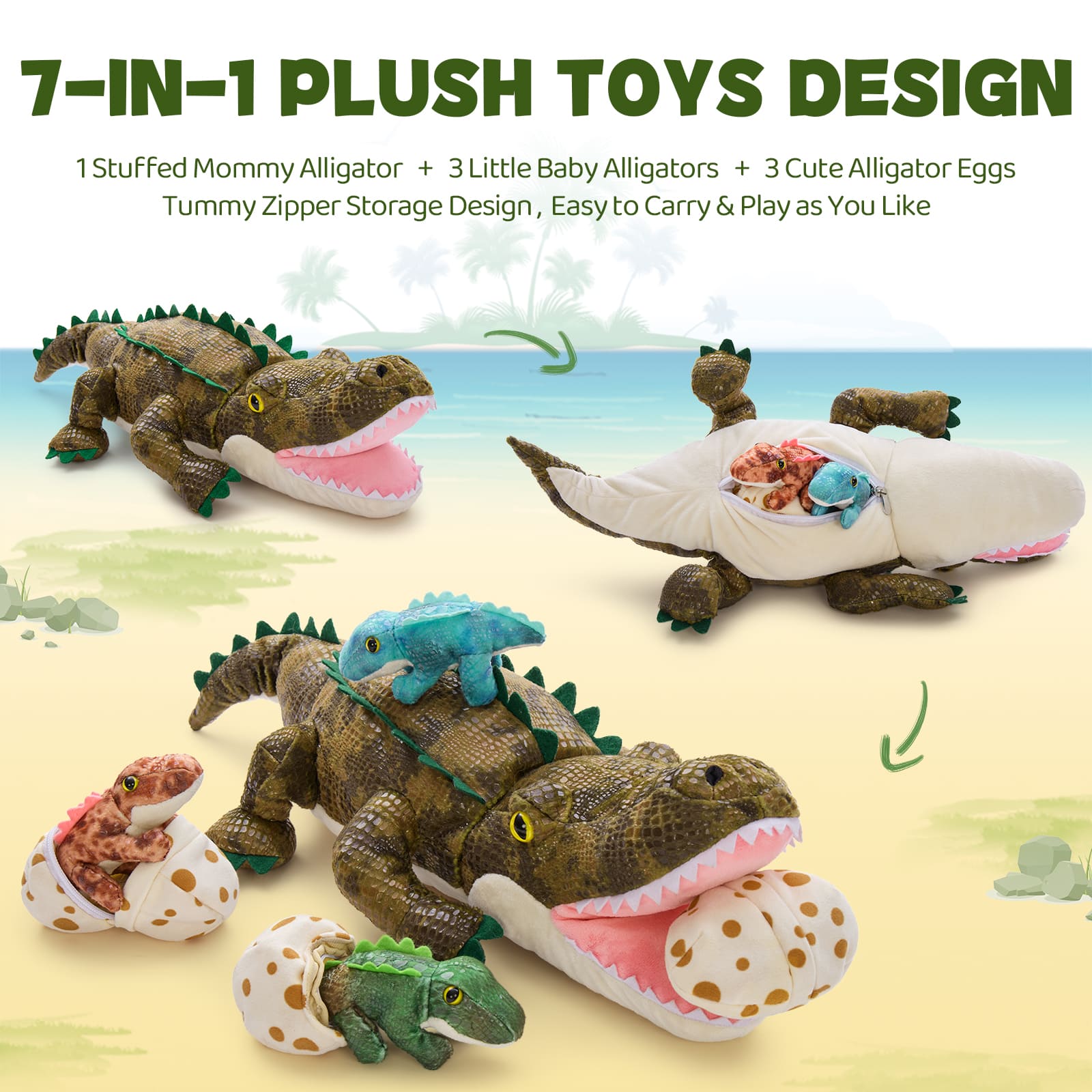Maman crocodile avec 3 peluches bébé crocodile, 23,6''