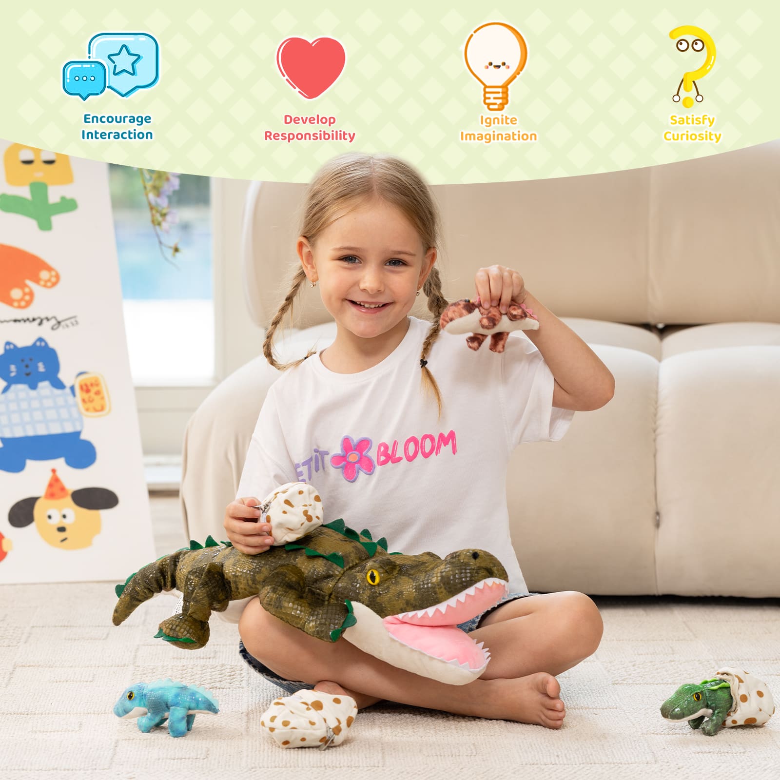 Maman crocodile avec 3 peluches bébé crocodile, 23,6''