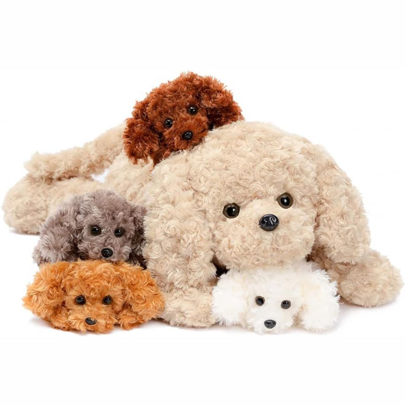 Cute Curl-fur Dog Plush Toy Set, 24 Inches - Stuffed Animal Babies with Their Mom - Cute Puppy Plush Toys for Children - Stuffed Animal with Babies in Belly - Christmas Birthday Gift for Kids Teens Adults