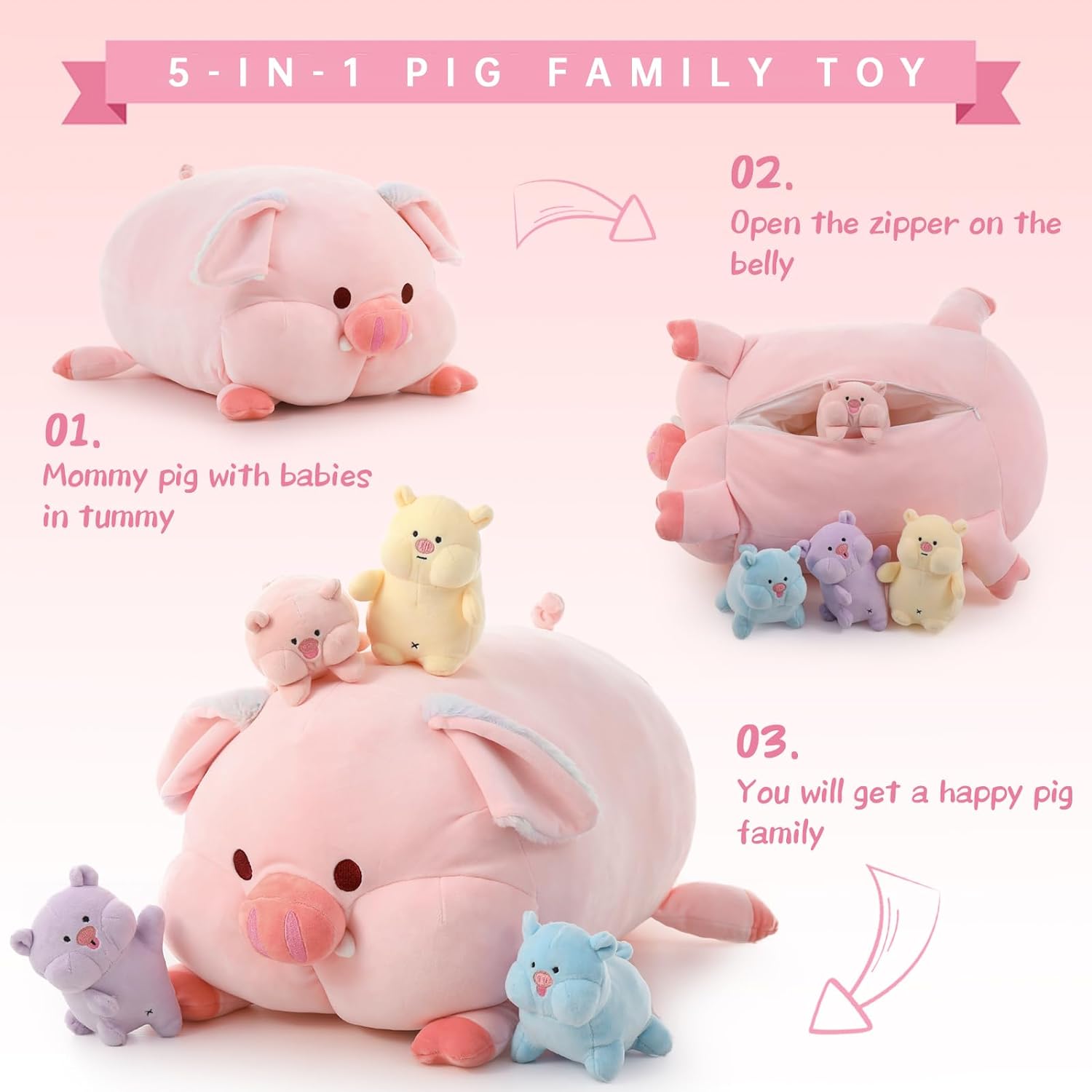 Honoson Nurturing Pig Stuffed Animal with Babies, Soft Cuddly Piggy Plush  Set for Toddlers Plushy Nursing Mommy Pig with 4 Stuffed Magnetic Baby
